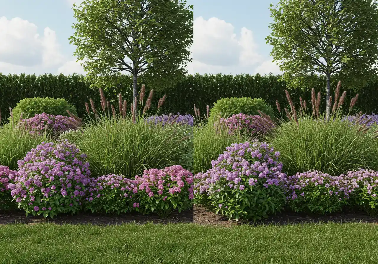 A split-screen or comparative view within a 3D design rendering demonstrating the ability to visualize plant growth or material options. One side could show newly installed small shrubs/trees, while the other shows the same plants at their projected mature size in 5-10 years. Alternatively, it could compare two different hardscaping materials (e.g., different pavers) side-by-side on a patio design.