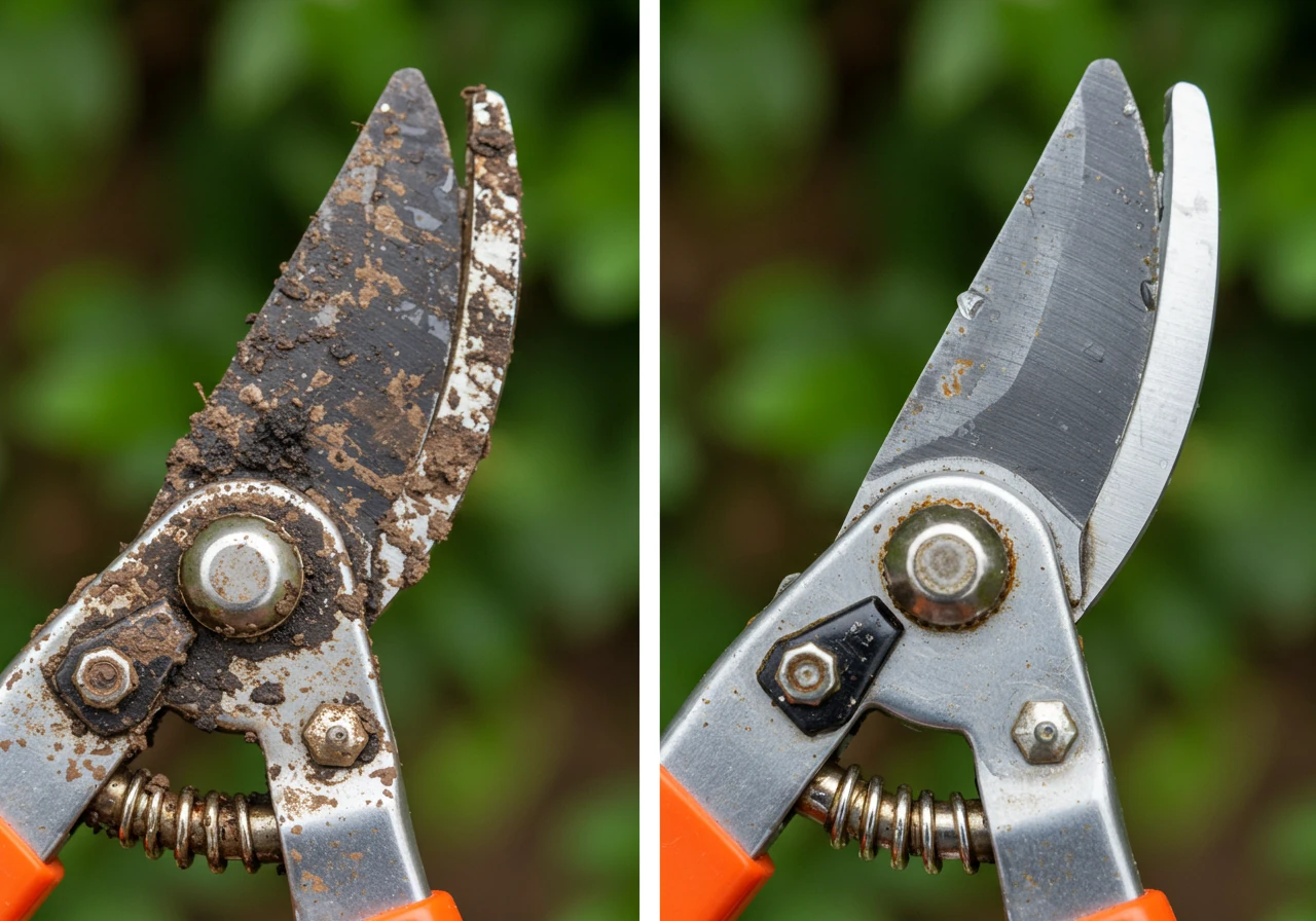 A close-up, split-image or side-by-side comparison of garden pruners. One side shows the pruners heavily caked with dried dirt, plant sap, and rust spots. The other side shows identical pruners meticulously cleaned, with shiny, sharp metal blades reflecting light, looking well-maintained. The focus is purely on the tools against a neutral background.