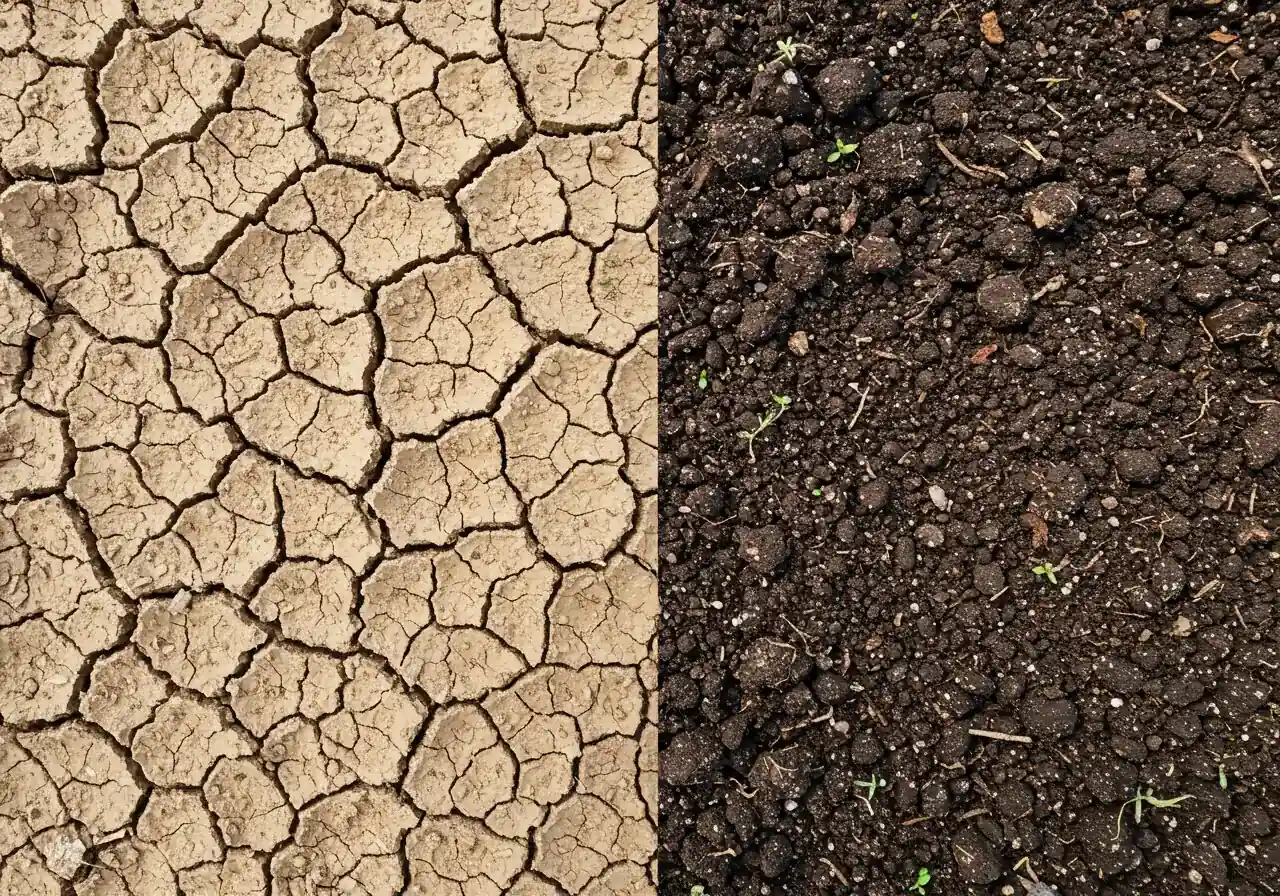 A split-view close-up image of garden soil. The left side shows dry, cracked earth. The right side shows dark, rich, moist soil. This visually represents the contrast checked during 'Watering Woes' monitoring, without showing a hand.