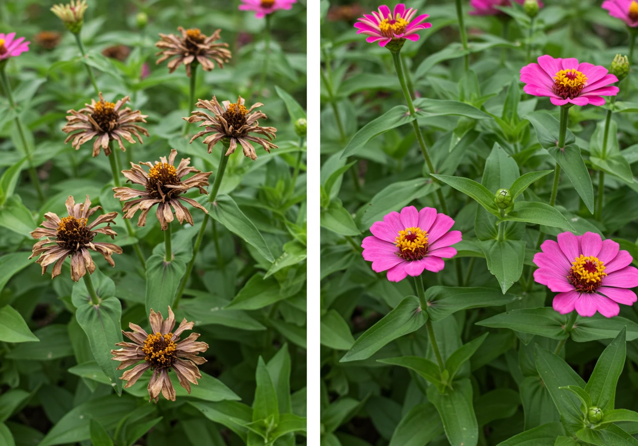 A clear visual comparison showing the 'before' and 'after' effect of deadheading on a common garden flower. One side shows wilted, brown, spent flower heads weighing down the plant, while the other side shows the same plant section looking refreshed and tidy after the spent blooms have been removed, highlighting the remaining healthy flowers and foliage.