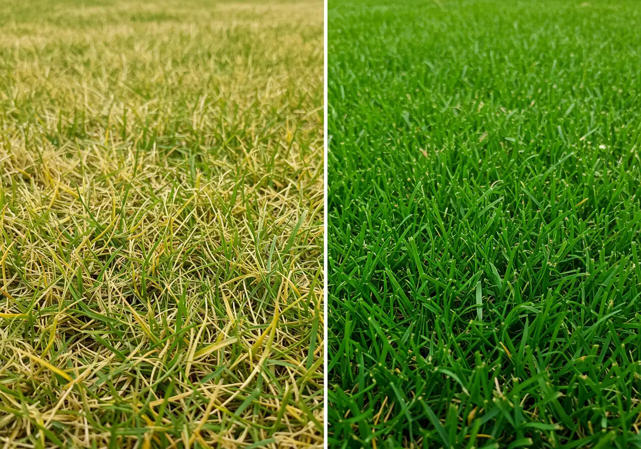 A split-image visual comparison showing the stark difference between nutrient-deficient grass and healthy grass. The left side displays sparse, thin blades with a yellowish, unhealthy hue. The right side showcases dense, thick, vibrant deep green grass blades, indicating proper nutrition.