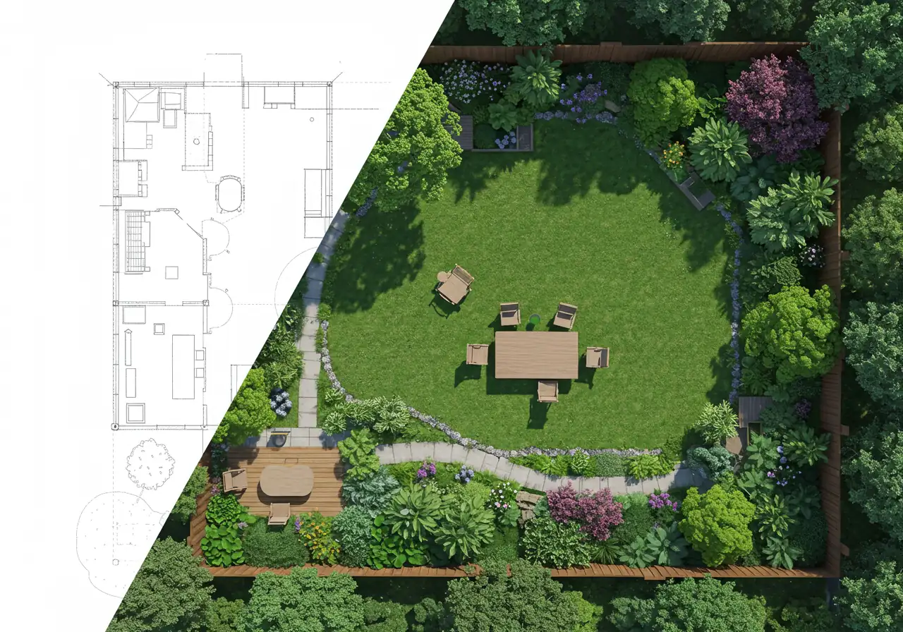 A compelling visual comparing a 2D plan to its 3D counterpart. The left half shows a clean, top-down 2D layout indicating areas for patio, lawn, and planting beds. The right half shows the same area rendered in realistic 3D from an eye-level perspective, demonstrating the added depth, texture, plant maturity visualization, and overall feel achieved in Step 4.