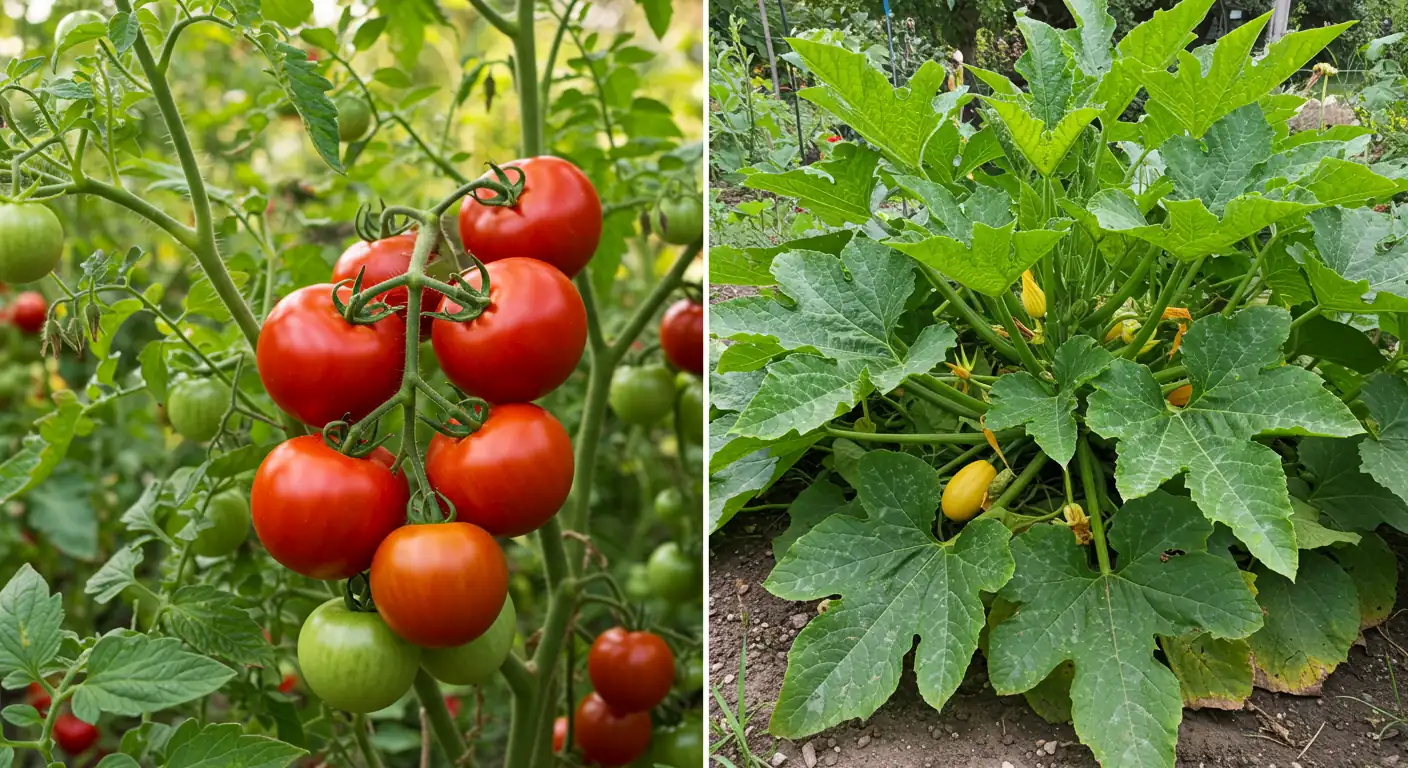 A visually engaging split-view image capturing the contrast mentioned. The left side showcases lush, healthy tomato plants bearing abundant ripe red fruit under bright sunlight, representing gardening success. The right side depicts an excessively large zucchini plant with huge, sprawling leaves encroaching on nearby space, perhaps showing one oversized zucchini, illustrating a common garden 'oopsie'.