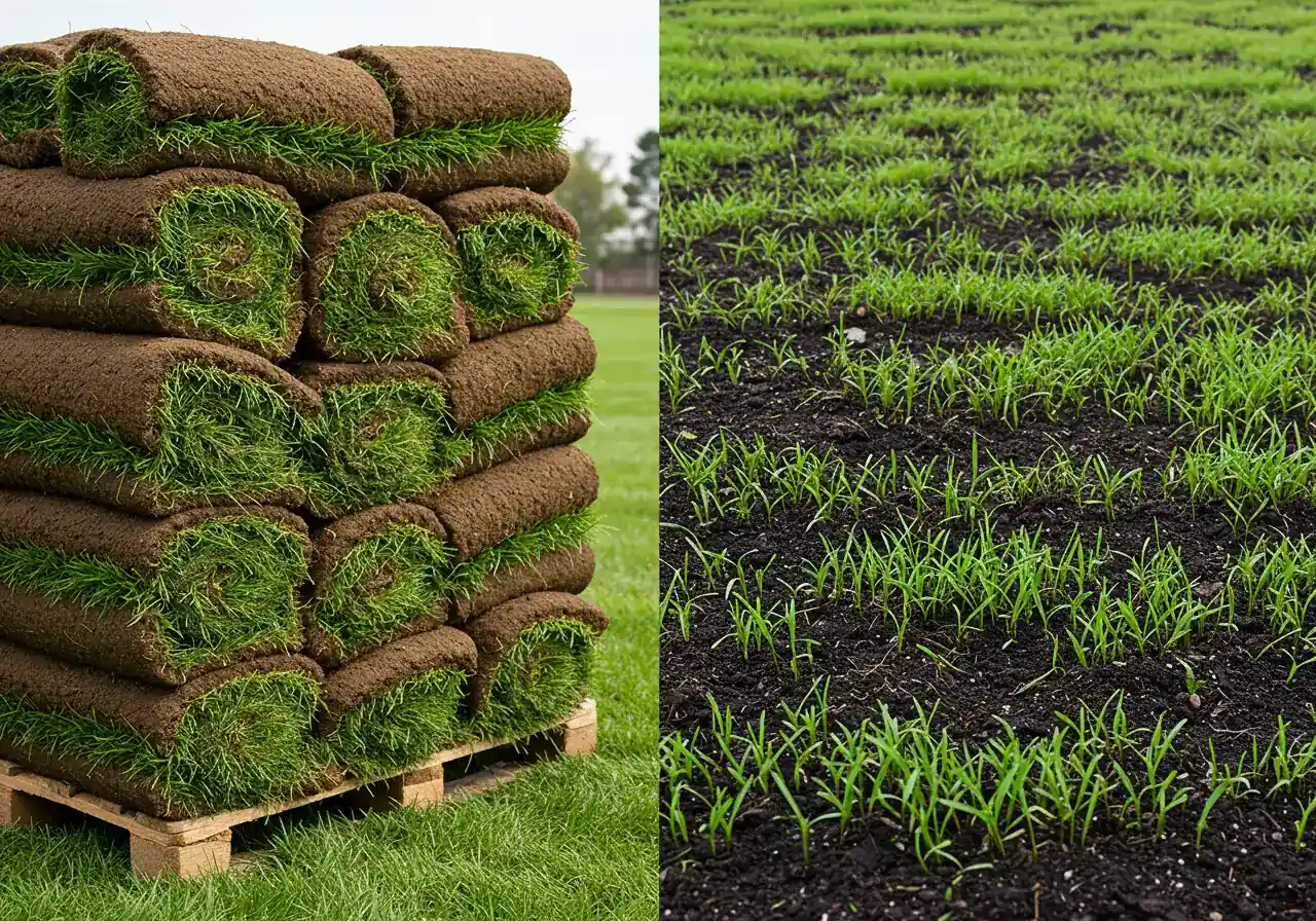 A visually split image perfectly illustrating the core choice. The left side shows lush, ready-to-install rolls of mature green sod stacked neatly on a pallet, showcasing its density and immediate green appeal. The right side depicts dark, well-prepared topsoil with tiny, vibrant green grass seedlings just starting to emerge sparsely, representing the early stage and patience required for seeding. The lighting should be natural daylight, emphasizing realistic textures.