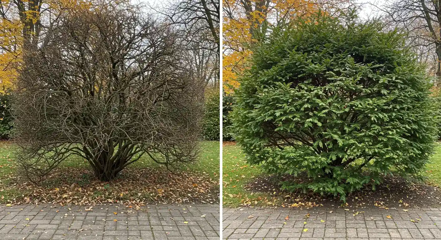 A dramatic before-and-after comparison shot. The 'before' side shows an overgrown, unruly deciduous shrub spilling onto a walkway, looking neglected. The 'after' side shows the same shrub neatly pruned, with a defined shape, healthy appearance, and clear space around the walkway, set against a crisp autumn background.