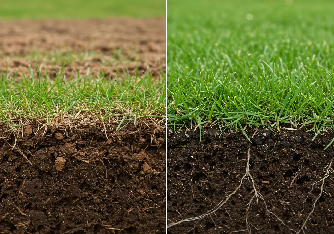 A clear, close-up visual comparison between compacted soil and healthy soil structure beneath grass. The left side shows dense, light-brown, possibly cracked earth with a thick, matted layer of brown thatch just below sparse green grass blades. The right side shows dark, crumbly, porous soil with visible air pockets, where healthy white grass roots are penetrating deeply amongst vibrant green grass blades.