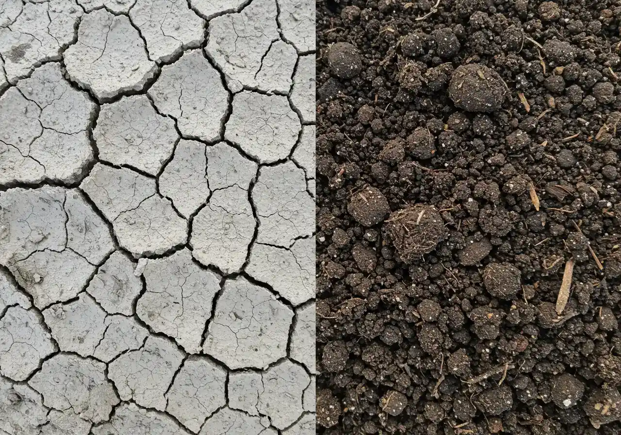 A visually striking split image or diptych. The left side shows extremely dry, cracked, pale greyish-brown clay soil texture, emphasizing its hardness and poor structure. The right side shows rich, dark brown, crumbly amended soil with visible organic matter mixed in, looking moist and fertile. This contrast directly illustrates the 'challenging' nature of unimproved clay versus the 'black gold' goal.