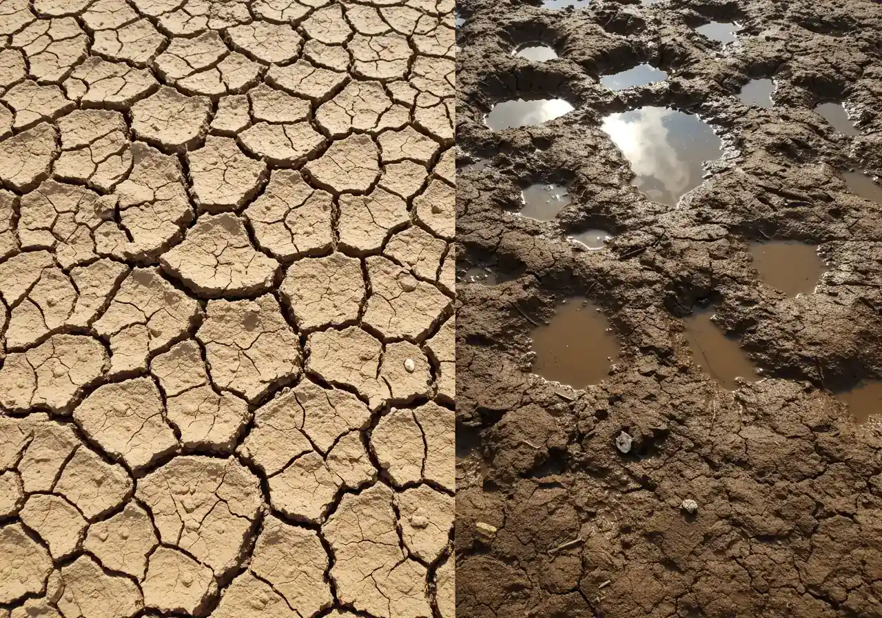 A split image visually contrasting the characteristics of clay soil. One side shows dry, cracked, pale clay under harsh sun, illustrating its hardness when dry. The other side shows dark, wet, muddy clay with water pooling, illustrating poor drainage.
