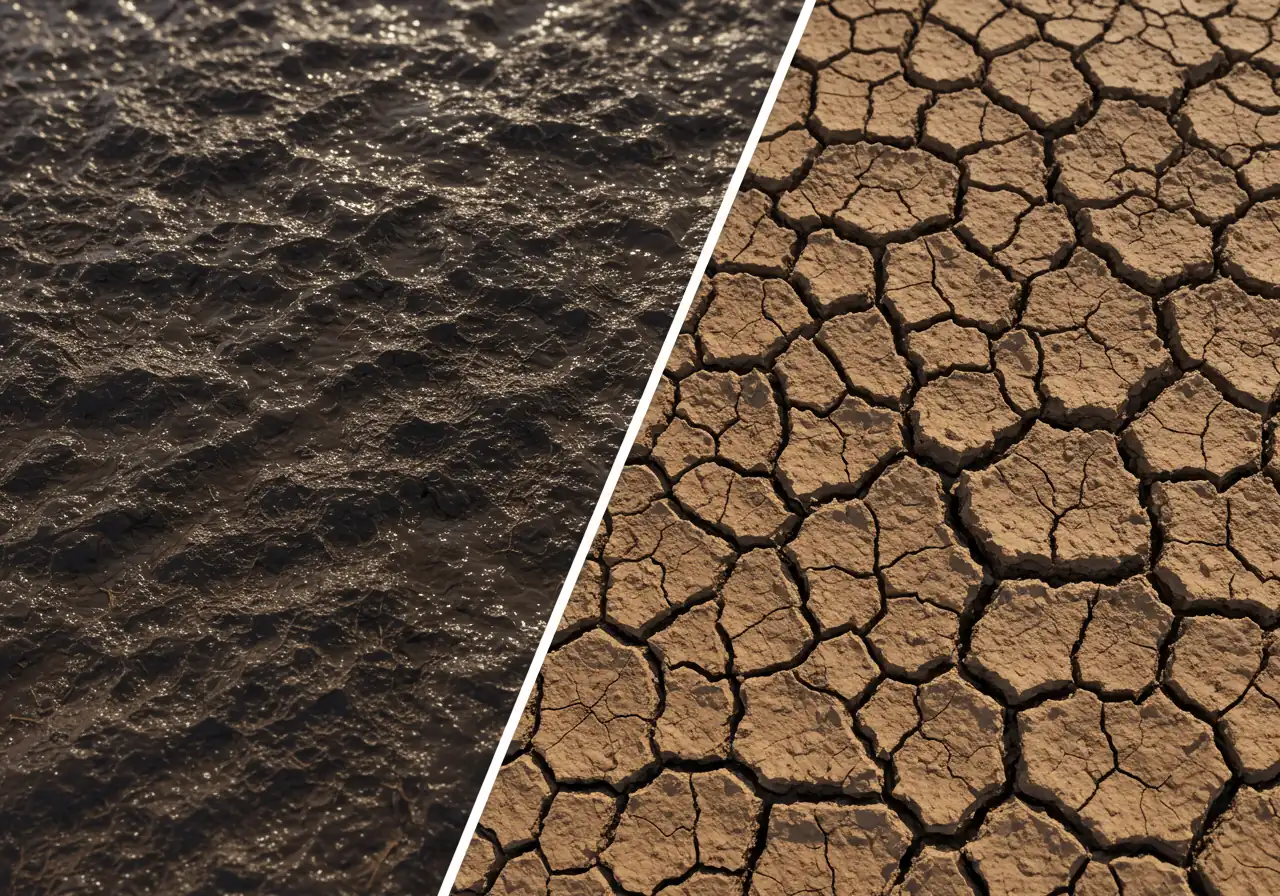 A contrasting, side-by-side visual showing the distinct textures of clay soil. One side features dark, wet, sticky clay, perhaps with a trowel lightly stuck in it. The other side shows the same soil type but dry, pale, hard, and visibly cracked.