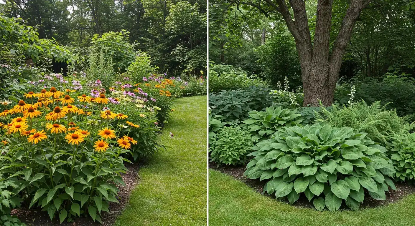 A split-view or strongly contrasted photograph illustrating a microclimate. One side shows lush, sun-loving plants (like vibrant tomatoes or sunflowers) thriving in bright sunlight against a warm wall or open area. The other side shows shade-tolerant plants (like hostas or ferns) in a cool, dimly lit area under a dense tree canopy or on the north side of a structure. The contrast in plant health and light conditions should be clear.