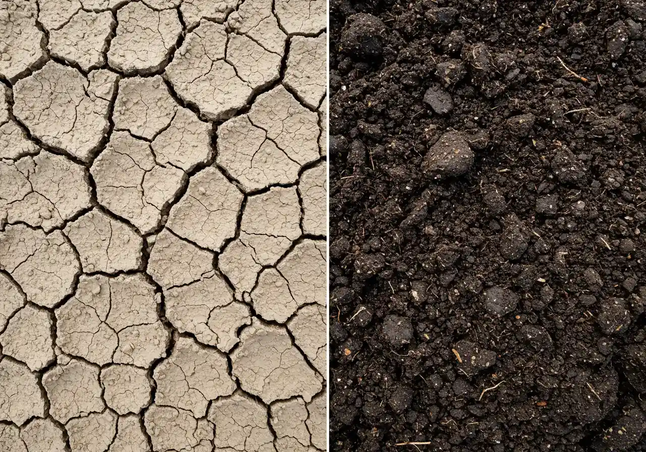 An illustrative image showing the contrast between poor soil and improved soil rich in organic matter. This could be a split image or a clear foreground/background comparison. One part shows dry, compacted, perhaps pale clay or sandy soil. The other part shows rich, dark, crumbly loam amended with compost, looking moist and healthy.