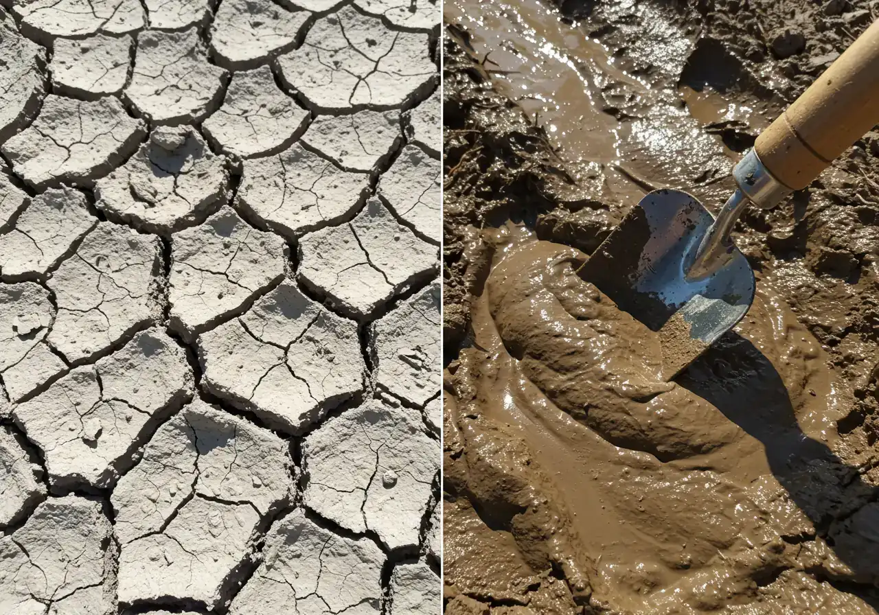 A close-up, split image showing the dramatic texture difference in clay soil. On one side, dry, cracked, light greyish-brown clay resembling hard earth. On the other side, the same soil type but dark, wet, sticky, and muddy, perhaps with a small garden trowel slightly embedded in the wet portion to emphasize the stickiness. No hands visible.