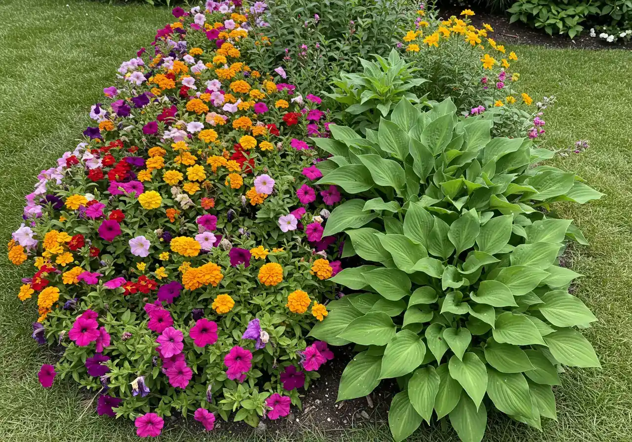 A vibrant flower bed showcasing the contrast between annuals and perennials. Half the bed is bursting with colourful, seasonal annuals like petunias and marigolds in full bloom. The other half shows established perennials like hostas and daylilies with their structural foliage, perhaps with some fading blooms or preparing for dormancy, illustrating their longer lifecycle.