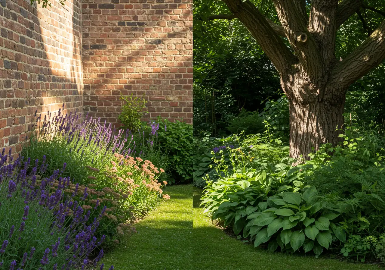 A single garden view illustrating contrasting microclimates. On one side, near a south-facing brick wall or dark fence, show sun-loving, heat-tolerant plants like lavender or sedum thriving in bright sunlight. On the other side of the same frame, under the shade of a large maple tree or on the north side of a structure, show shade-loving plants like hostas or ferns looking lush and cool in the dimmer light. This visually represents the different 'zones' within one property.