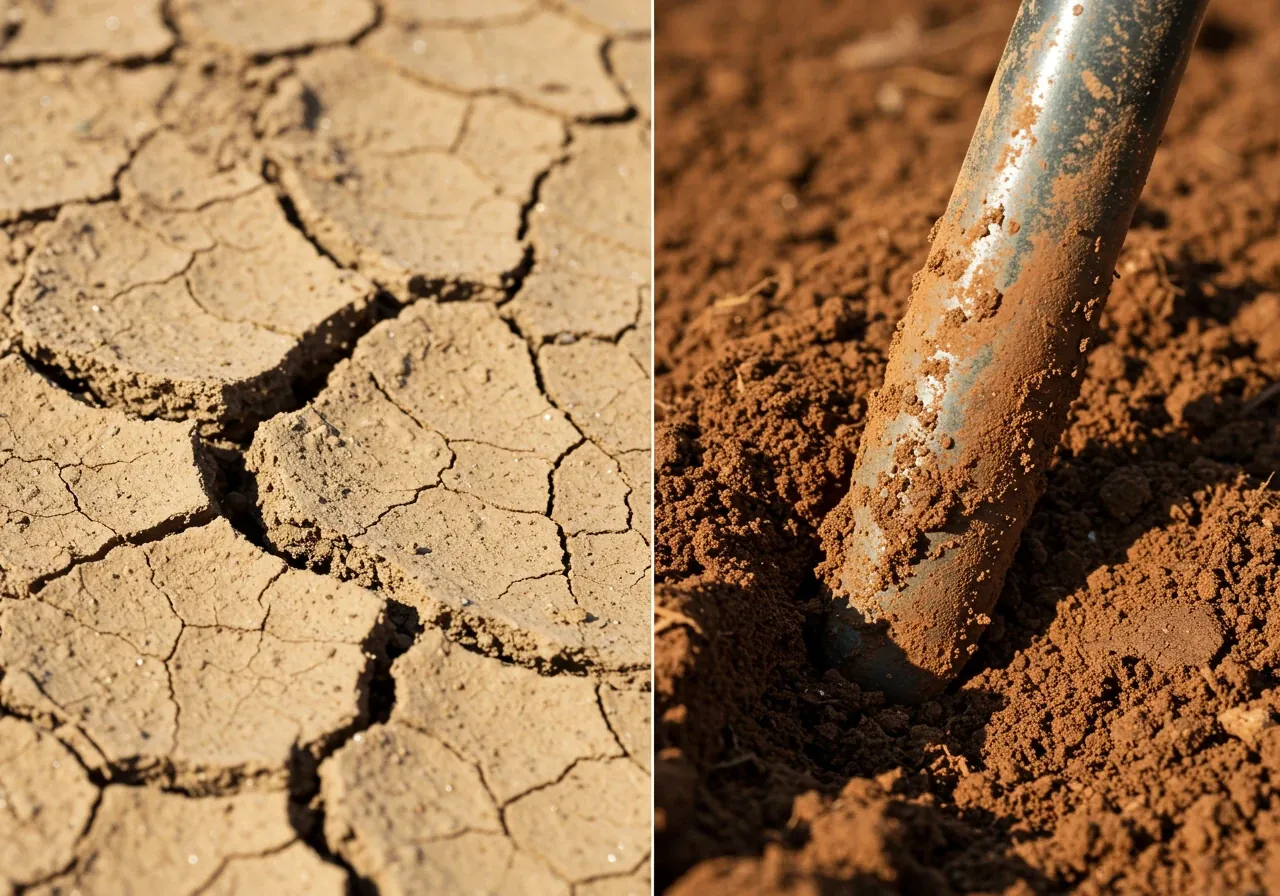 A close-up, detailed photograph illustrating the physical texture of clay soil. One half could show dry, cracked clay, and the other half moist, dense clay to visually represent its challenging characteristics.