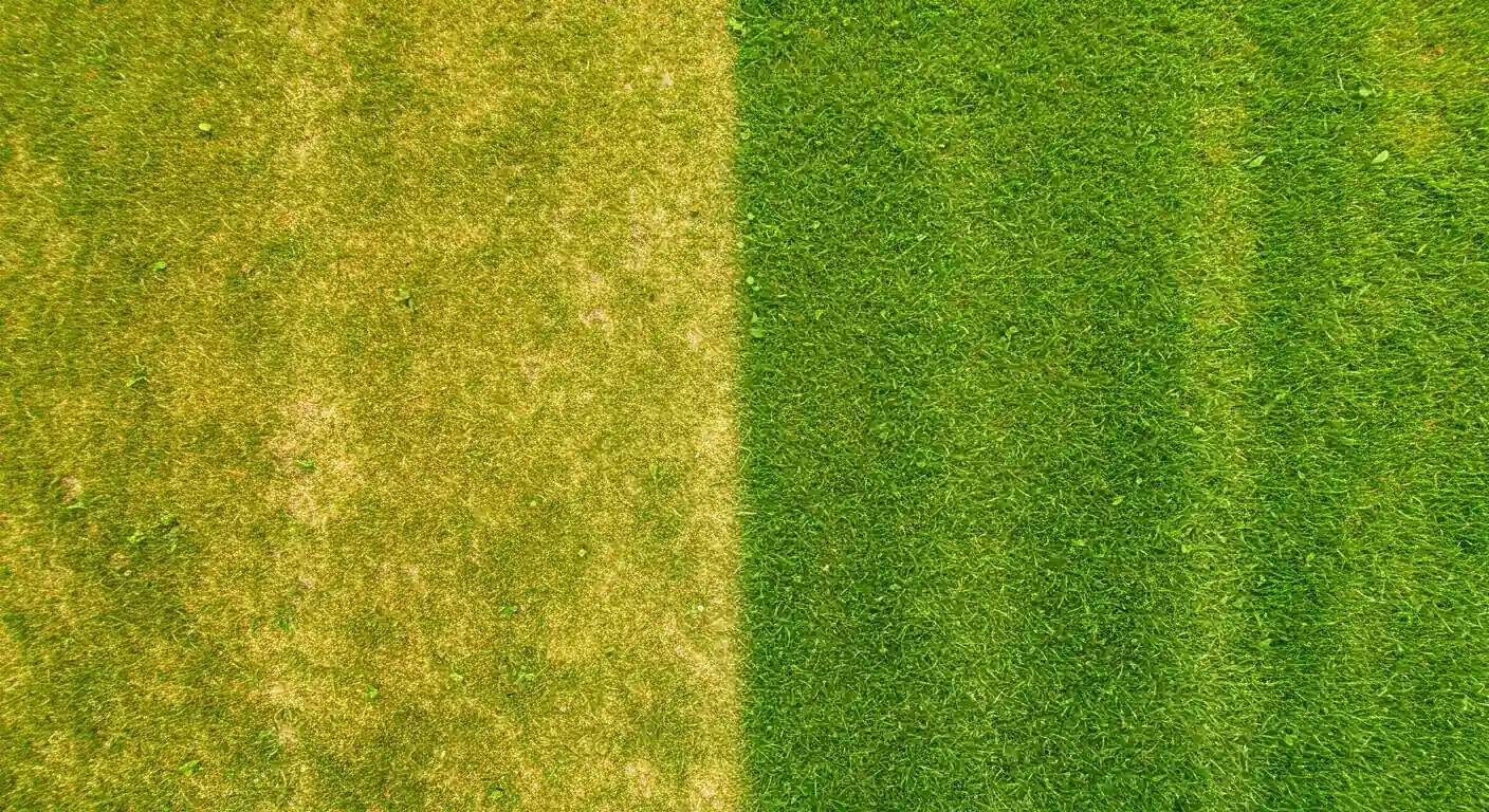 A visually striking image showing a section of a suburban lawn that is noticeably yellow and unhealthy, contrasting sharply with an adjacent area of the same lawn that is lush, vibrant green. This illustrates the core problem the article addresses.