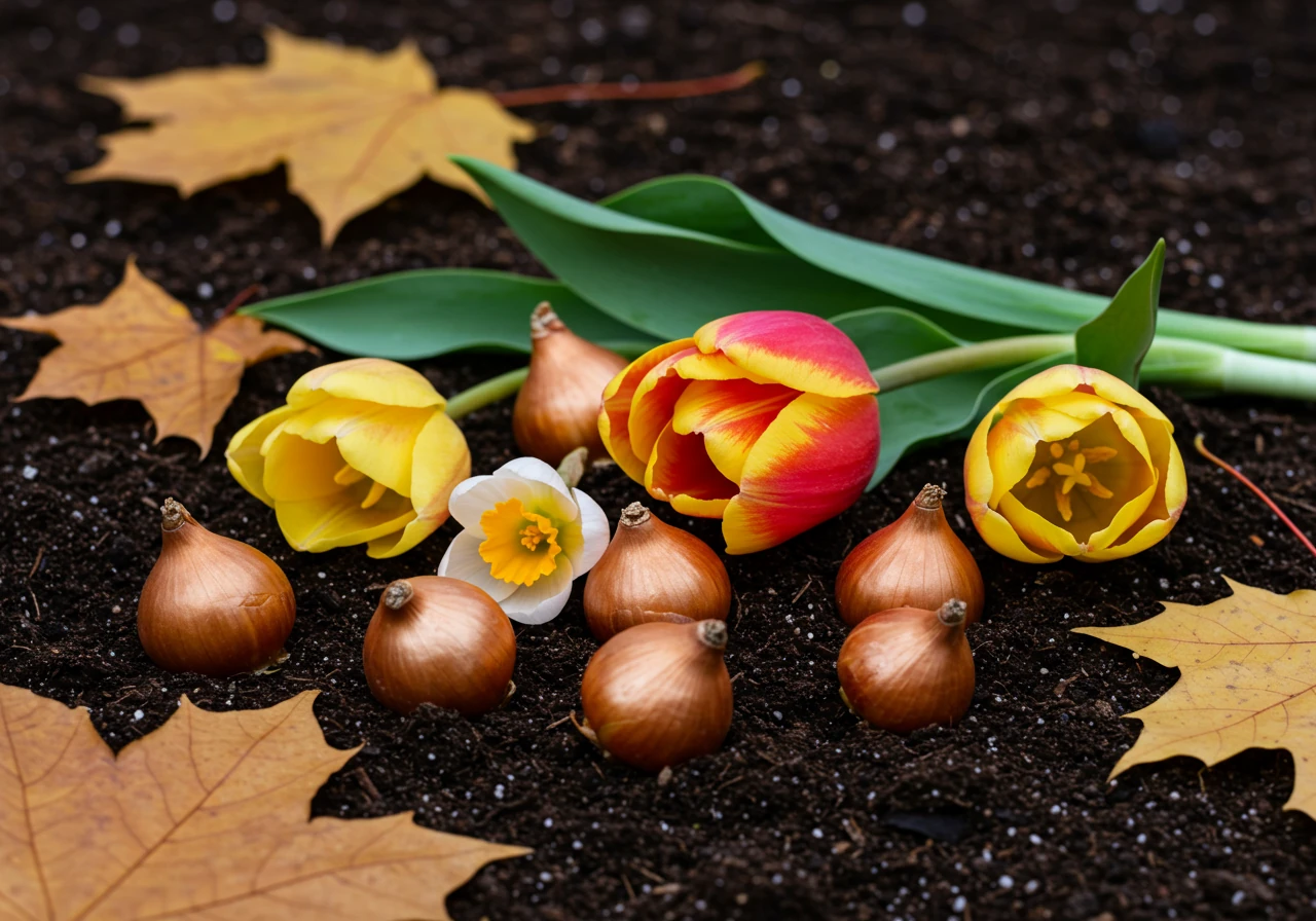An evocative image representing fall bulb planting. This close-up shot should show a small collection of various spring-flowering bulbs (e.g., tulips, daffodils, crocus) resting on rich, dark, prepared garden soil. A few colourful fallen autumn leaves (like maple or oak) scattered nearby would enhance the seasonal context. The focus is on the bulbs' texture and the promise of spring blooms.