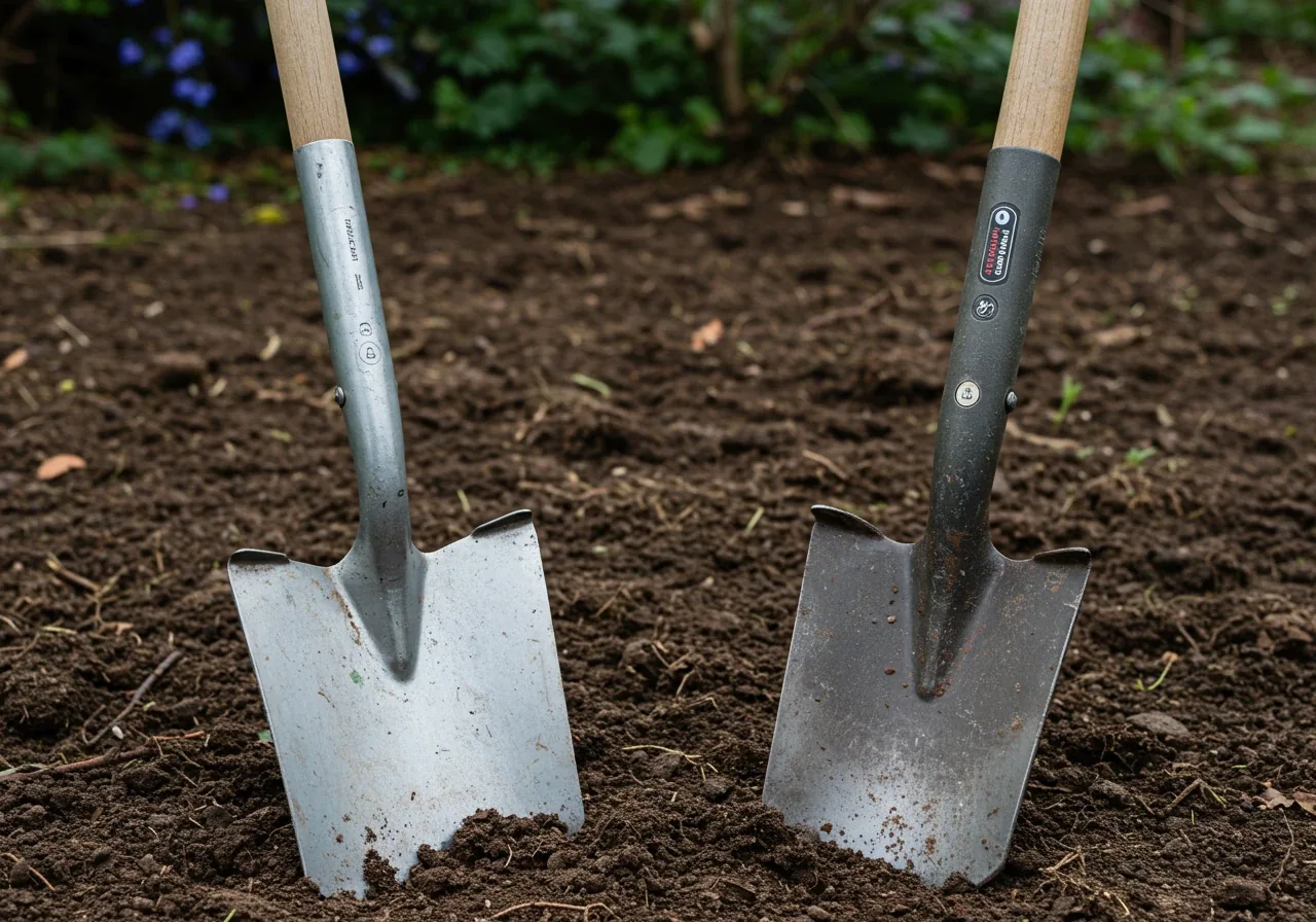 A comparison image showing two tools side-by-side on bare earth. On the left, a cheap, lightweight garden spade with a bent blade and a visibly stressed wooden handle. On the right, a robust, heavy-duty pointed spade with a thick forged steel blade and a solid fibreglass handle, looking sturdy and new.