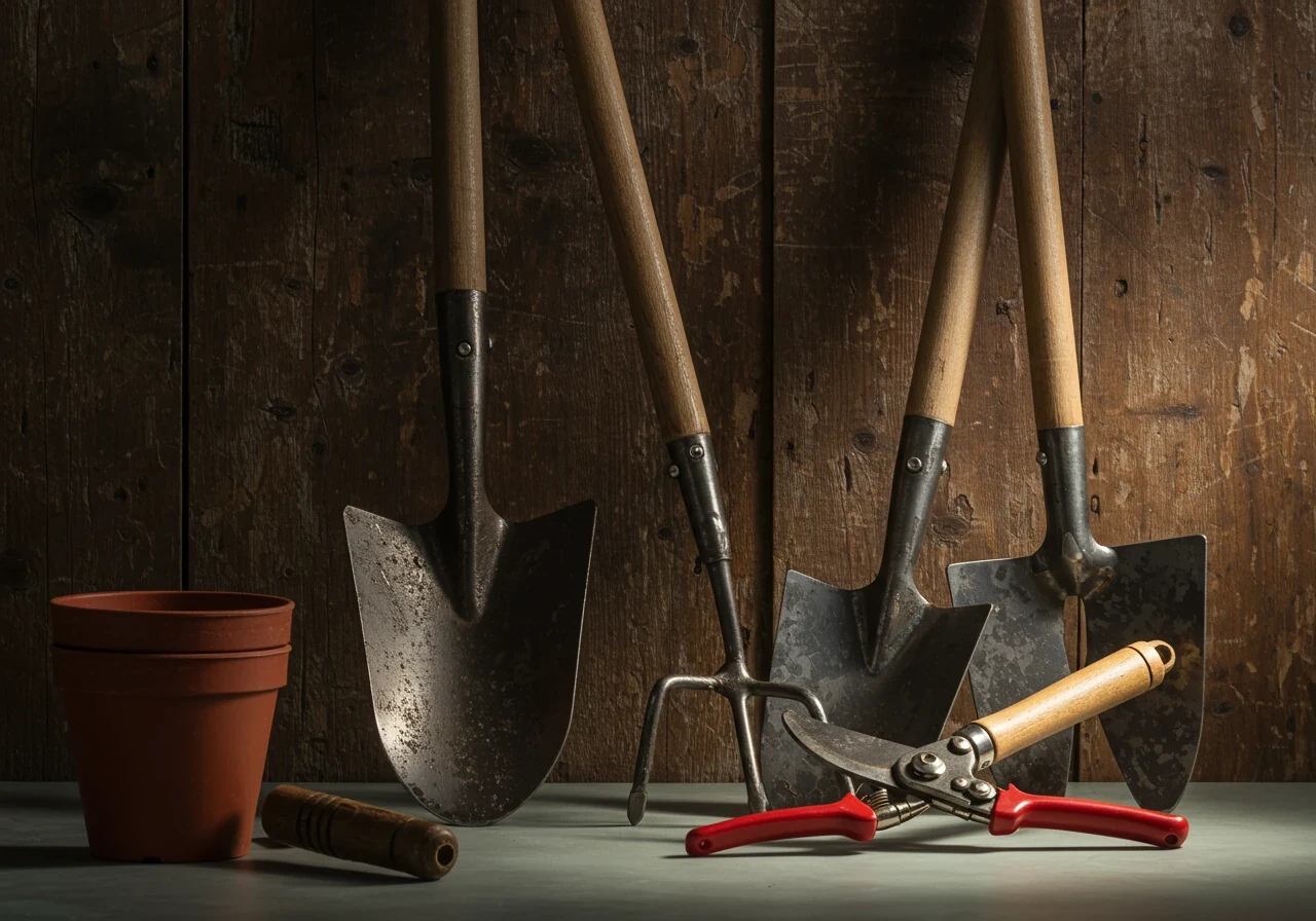 A photograph showing a collection of essential garden hand tools (such as pruners, a trowel, a hand cultivator, maybe a clean shovel blade leaning) that have been thoroughly cleaned and prepared for winter storage. The metal parts appear free of dirt and slightly oiled to prevent rust, resting neatly on a clean surface like a wooden potting bench or hanging tidily inside a shed. The image emphasizes tool care and organization.