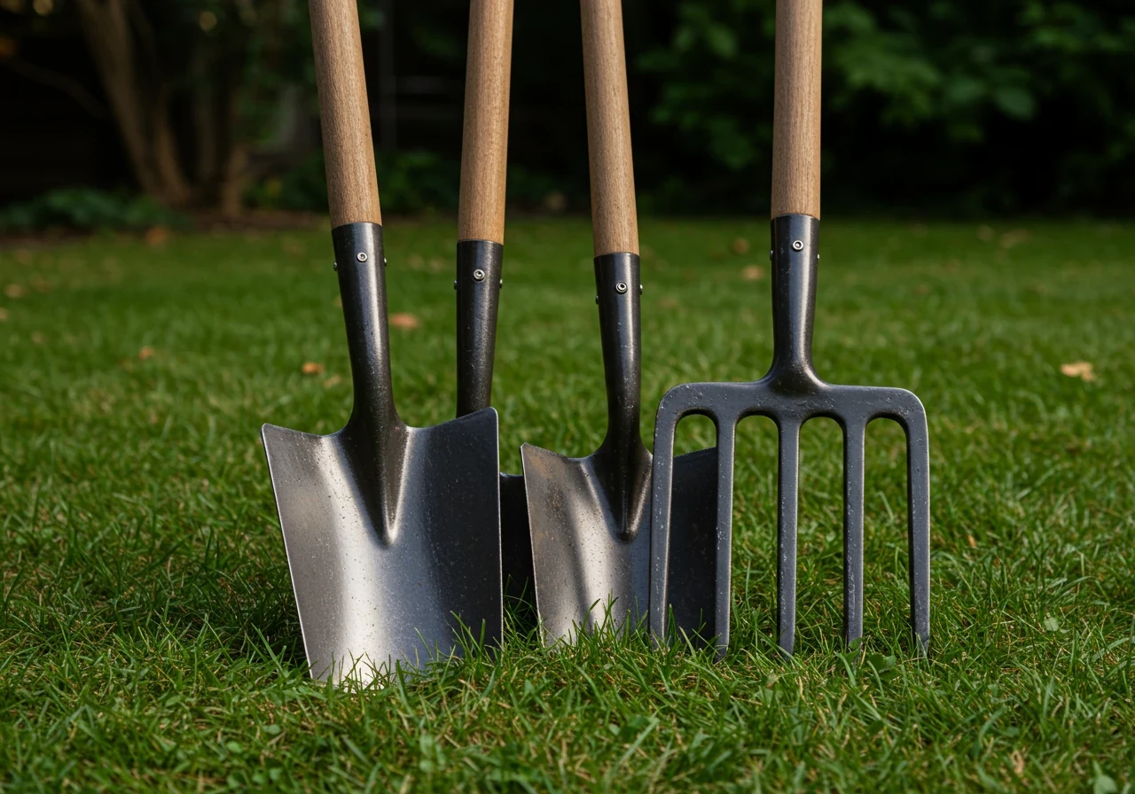 A clean, professional-looking arrangement of the essential hand tools recommended for clay soil, displayed against a simple, slightly blurred garden background. Showcases a sturdy pointed digging shovel, a sharp border spade, and a robust digging fork with strong tines. Focus on the forged steel heads and durable construction.