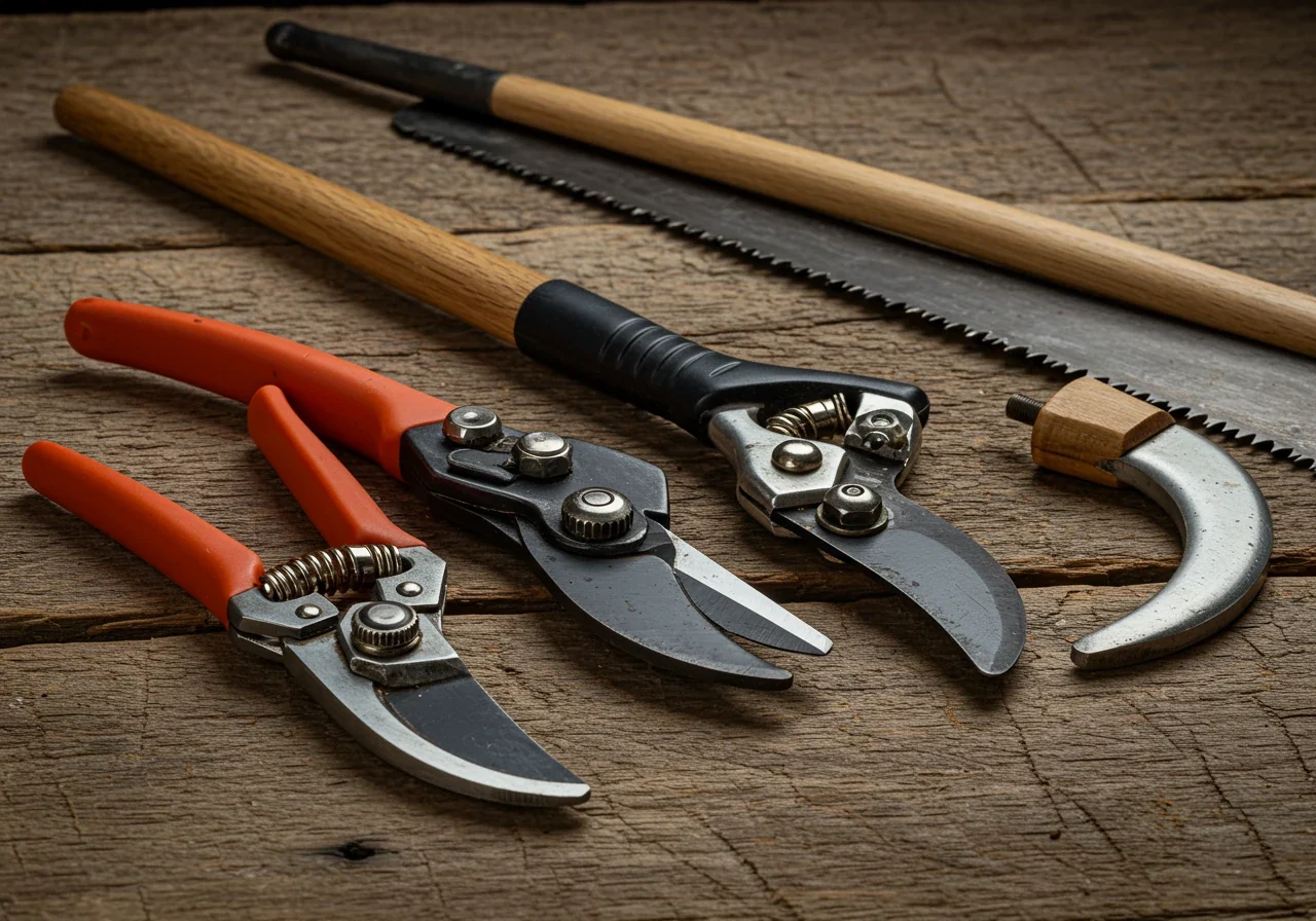 A clean arrangement of essential, high-quality pruning tools: sharp bypass hand pruners, long-handled loppers, and a curved pruning saw. The tools are laid out neatly on a rustic, weathered wooden surface, emphasizing their sharpness and readiness for use.