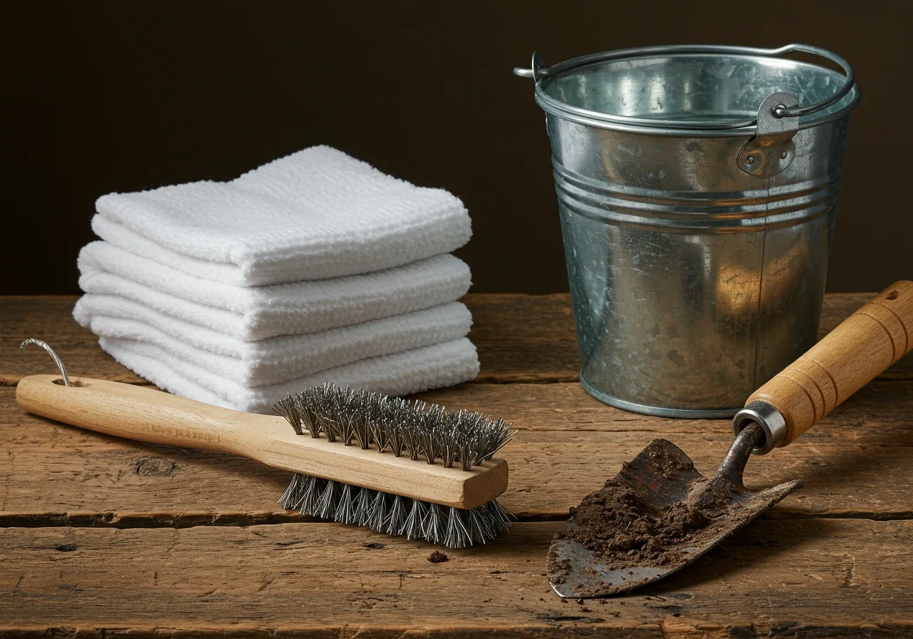 A still life composition featuring essential garden tool cleaning supplies arranged neatly on a rustic wooden surface: a stiff wire brush, a galvanized metal bucket with a hint of soapy water reflection, clean rags, and a slightly muddy but otherwise intact garden trowel nearby, ready for cleaning. This illustrates the tools needed for the first crucial step.