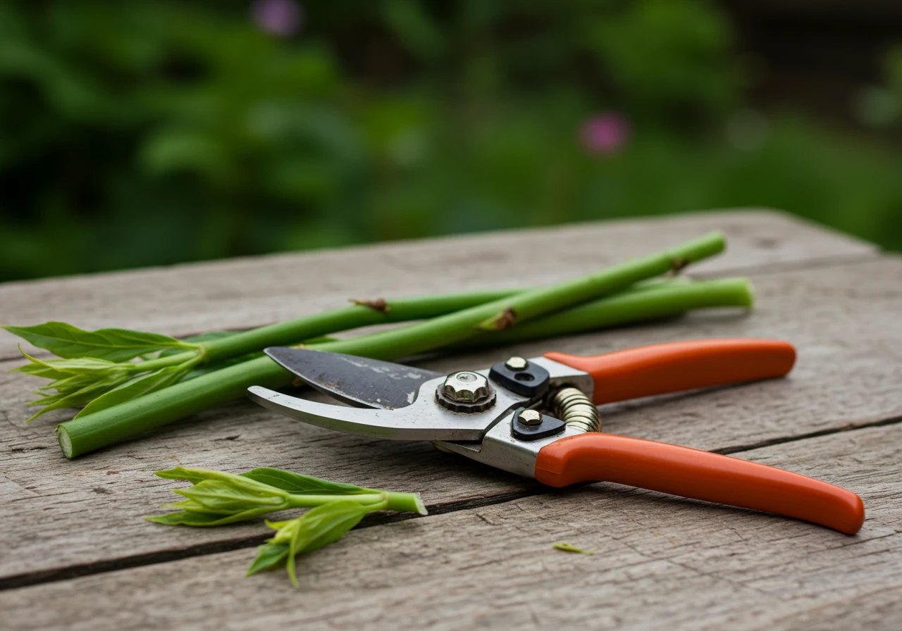 A high-quality image focusing on the essential tool mentioned: sharp, clean bypass pruners. The pruners could be resting on a natural surface like wood or stone, perhaps near a plant.