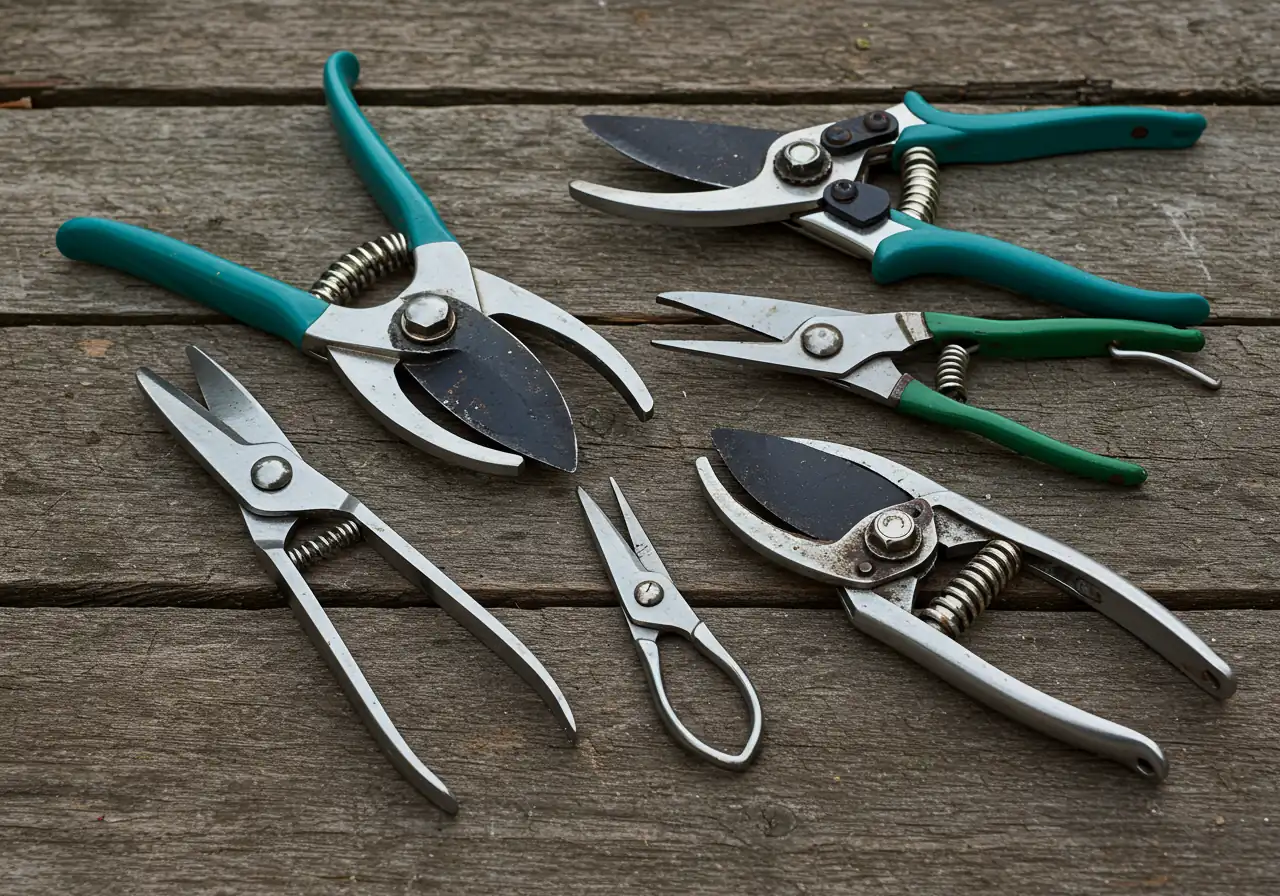 A clean, appealing still life arrangement of essential deadheading tools resting on a natural surface like weathered wood or stone. It should feature sharp bypass pruners, smaller floral snips, and possibly hand shears, emphasizing readiness and cleanliness.