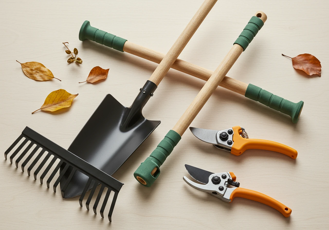 A clean, well-lit image displaying a selection of key ergonomic garden tools mentioned in this section. It should feature items like a lightweight rake with a padded, adjustable handle, a shovel with a bent shaft and D-grip handle, and ratchet pruners. The tools should be presented clearly against a neutral background to highlight their ergonomic design features.