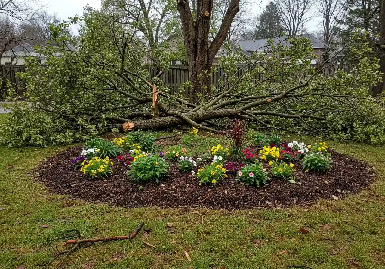 A medium shot capturing moderate storm damage in a suburban backyard garden after heavy wind and rain. Showcases a few broken medium-sized tree branches on the lawn, some flattened perennial flowers in a garden bed, and scattered leaf debris across the grass. The overall mood should be overcast, post-storm, but not overly destructive, focusing on typical damage needing assessment.