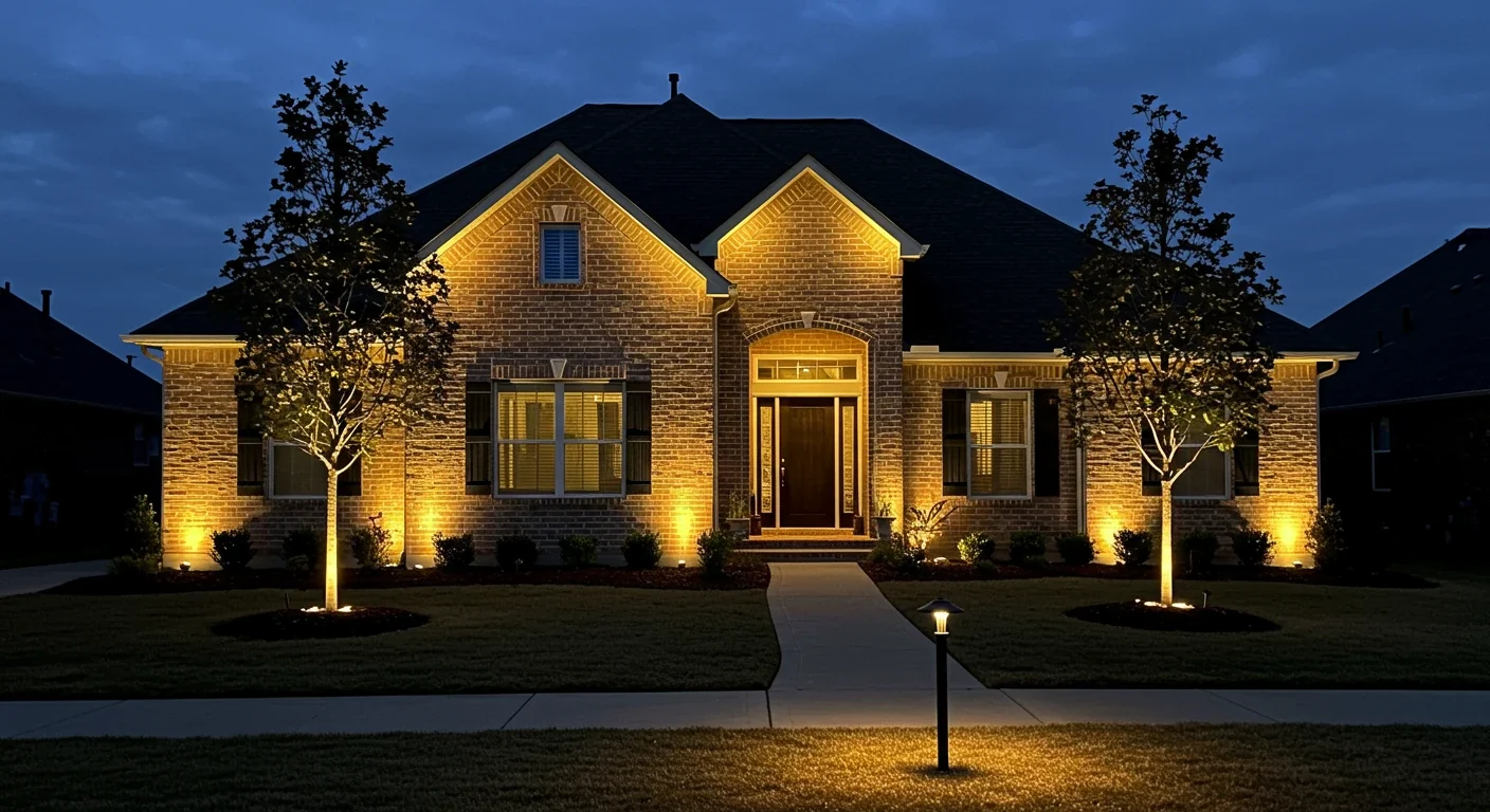 A visually striking comparison or a single image showcasing a suburban home at night transformed by landscape lighting. Instead of just a single harsh porch light, the image shows warm, strategically placed lights illuminating pathways, highlighting garden features like trees and flower beds, and washing gently over the home's facade, creating an inviting, safe, and aesthetically pleasing atmosphere.