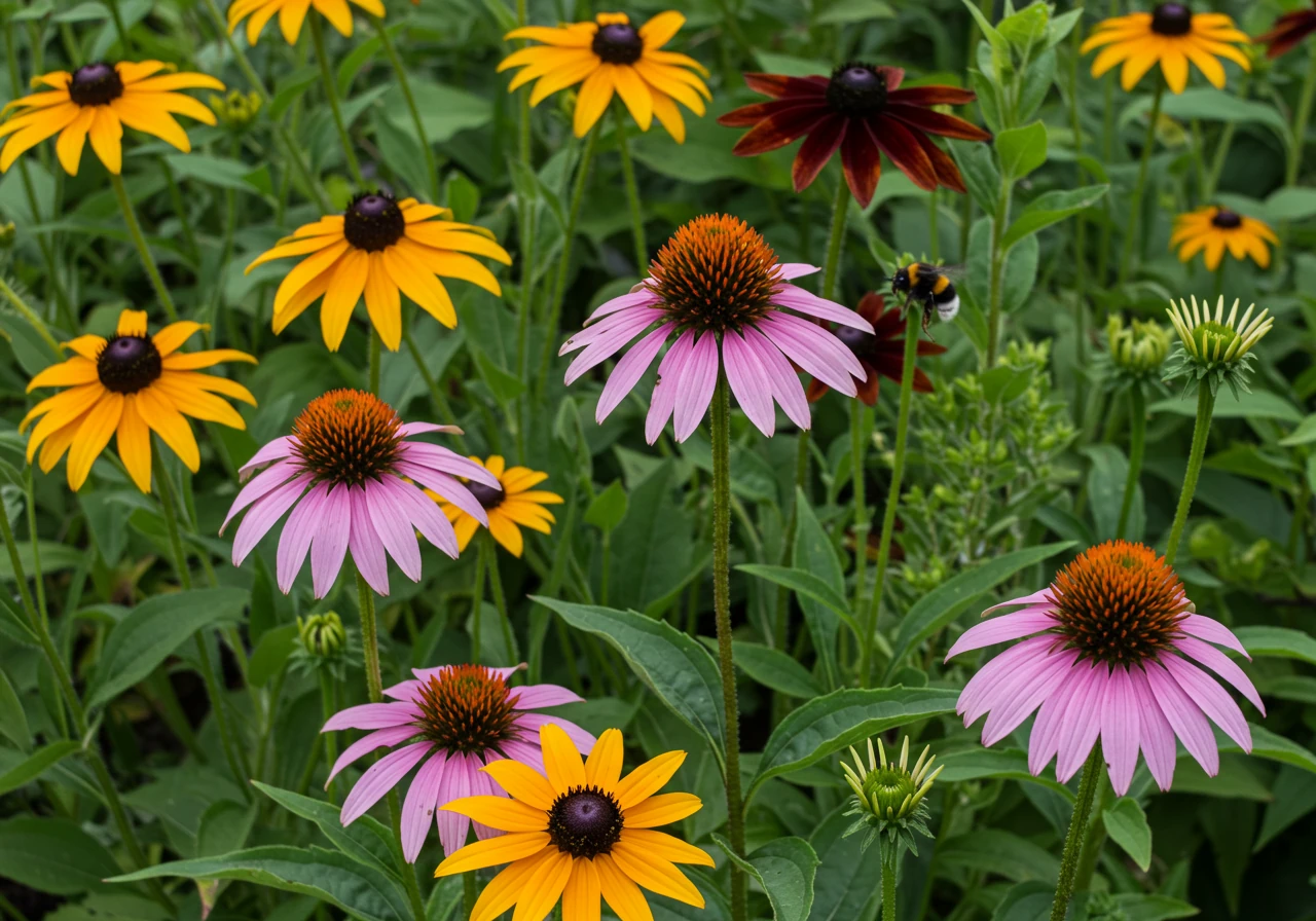 Visually represents the 'Embrace Native Superstars' point, showing the beauty and ecological benefit (attracting pollinators) of using native plants.
