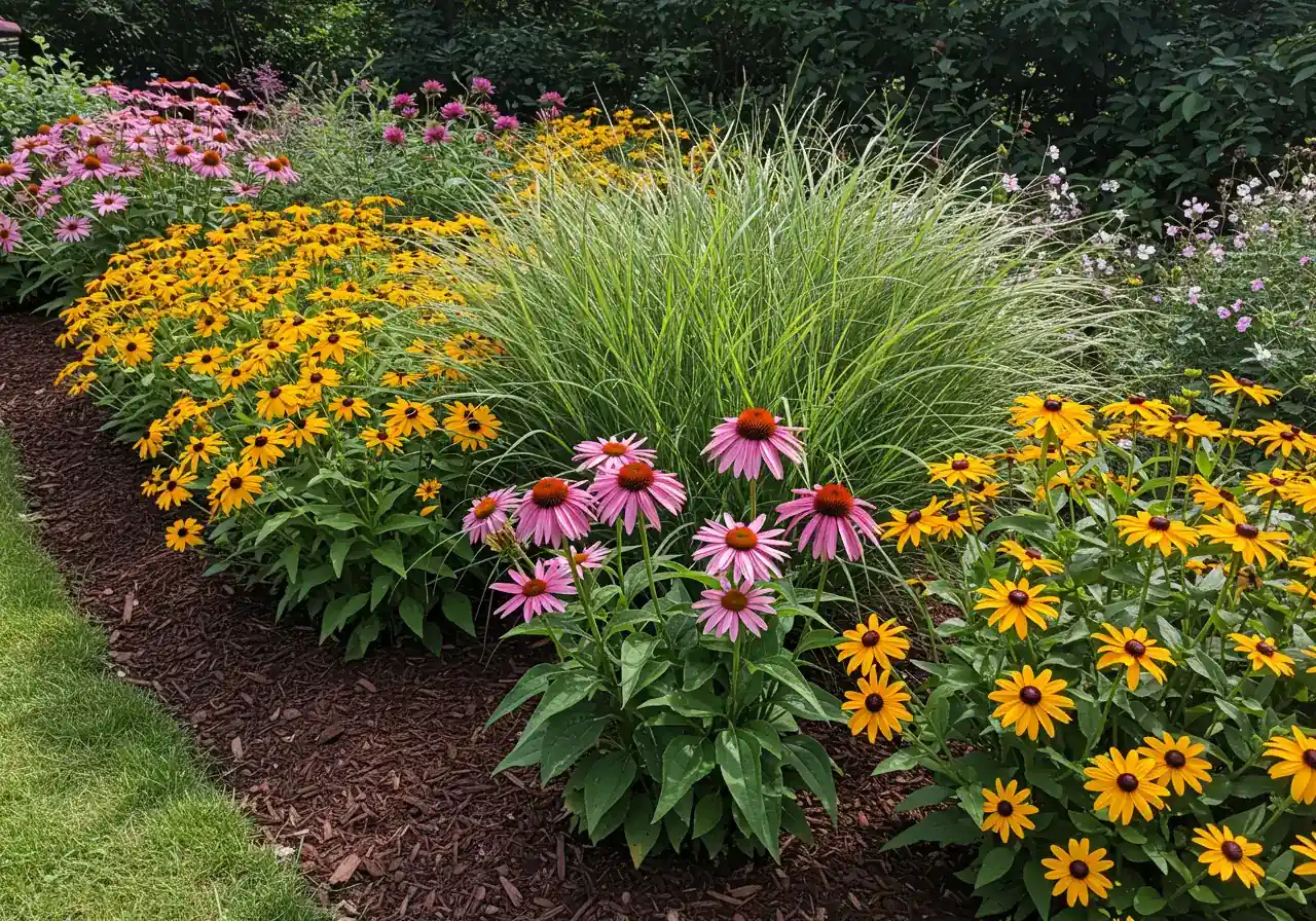A vibrant, sun-filled garden bed showcasing a successful planting of heat-tolerant perennials suggested in the article. Feature a mix of textures and colors, such as bright pink Coneeflowers (Echinacea), cheerful yellow Black-Eyed Susans (Rudbeckia), and feathery ornamental grass like Feather Reed Grass, all looking healthy and thriving under full sun conditions. Include a layer of dark mulch visible on the soil.