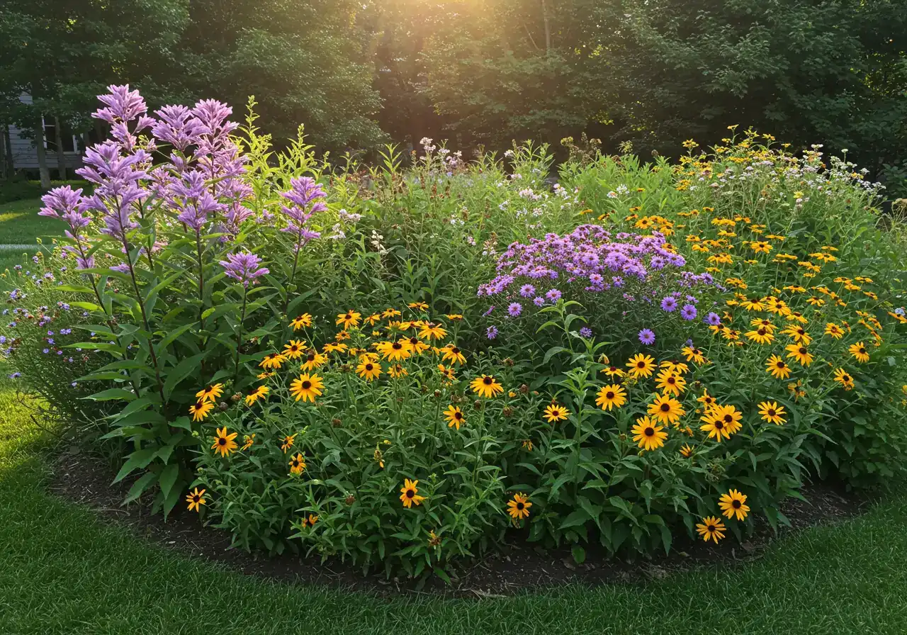 An inspiring wide shot of a beautiful, established residential garden bed thriving in late summer. The bed features a mix of healthy, blooming native plants mentioned in the article (like Joe Pye Weed, Asters, Black-eyed Susans) at different heights, showcasing a successful, biodiverse landscape achieved using native plants in potentially challenging soil conditions.