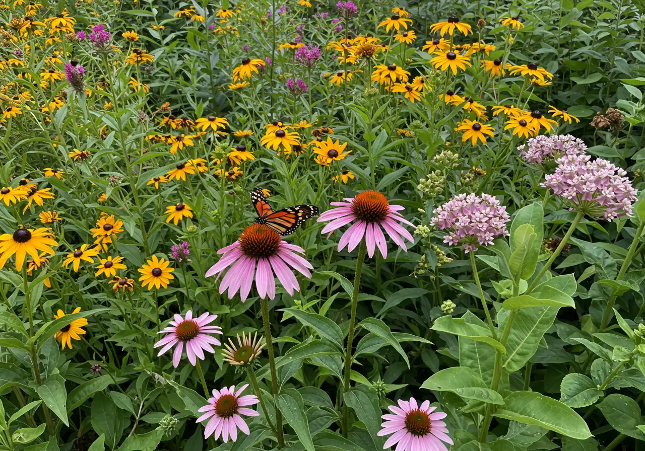A vibrant garden bed flourishing with a mix of native Ottawa region flowering plants in mid-summer. Showcase colourful blooms like purple coneflower (Echinacea purpurea), black-eyed susans (Rudbeckia hirta), and perhaps some tall grasses or milkweed (Asclepias syriaca). A Monarch butterfly could be present on the milkweed. The overall impression should be healthy, thriving, and attracting pollinators.