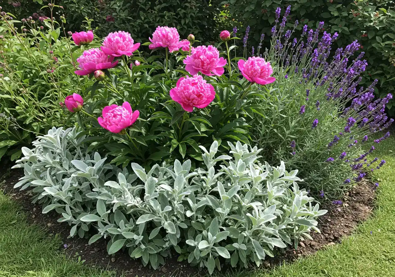 A visually appealing garden scene showcasing a mix of deer-resistant perennials mentioned in the text thriving together. Feature healthy, untouched plants like blooming Peonies with their large flowers, silvery Lamb's Ear providing texture, and perhaps some spikes of Lavender or Columbine in the background. The overall impression should be lush, colourful, and unbothered by deer.