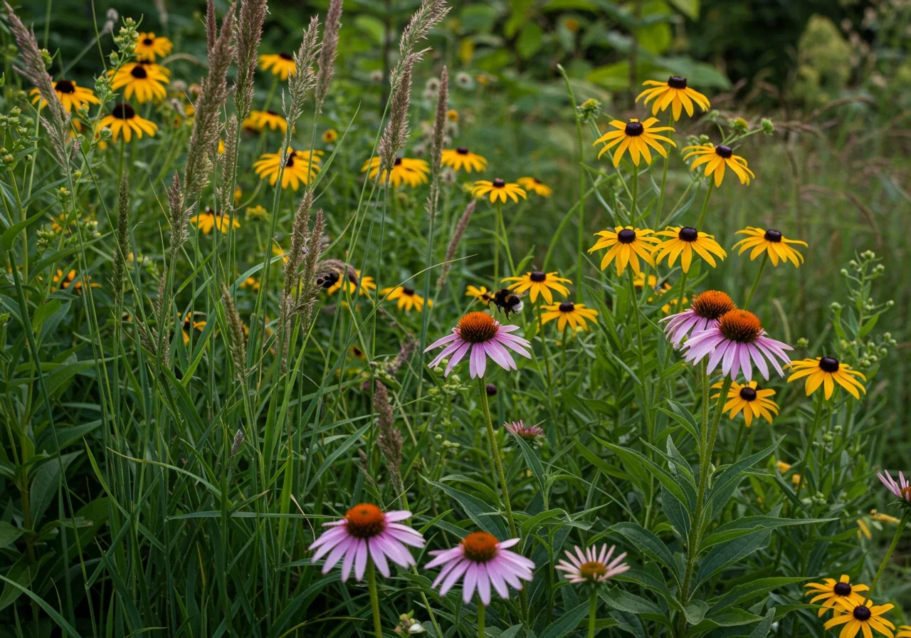 An appealing image showcasing a selection of native Ottawa Valley plants thriving in a garden setting. It could feature a mix of textures and colours, such as Purple Coneflower (Echinacea purpurea), Black-Eyed Susans (Rudbeckia hirta), and perhaps a native grass like Switchgrass, looking healthy and vibrant in full sun. A beneficial insect like a bee or butterfly could be included.