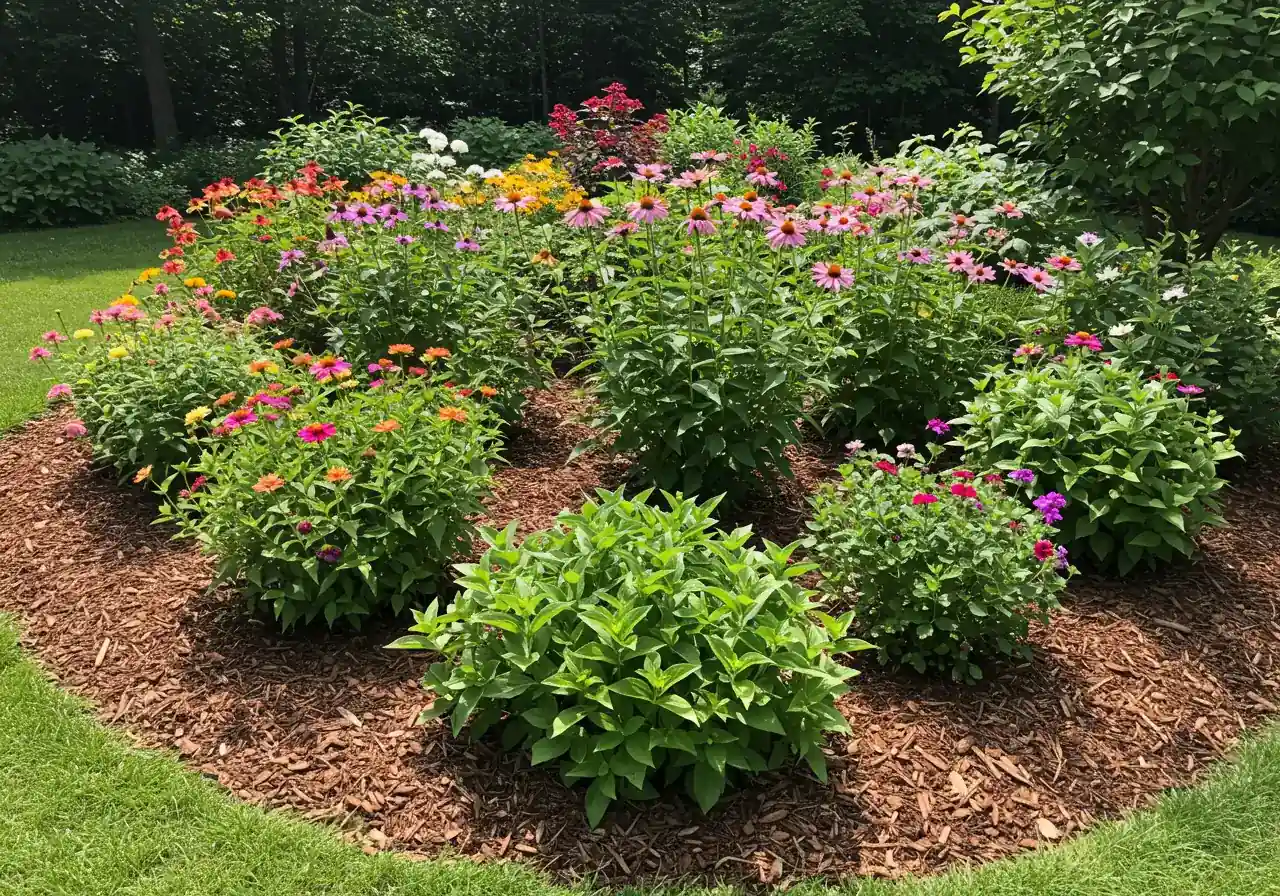 An aspirational image of a beautiful, thriving Ottawa-region garden bed in mid-summer. It should showcase a variety of healthy, colourful flowering plants (annuals and perennials) and lush foliage, demonstrating the positive results of applying the article's advice.