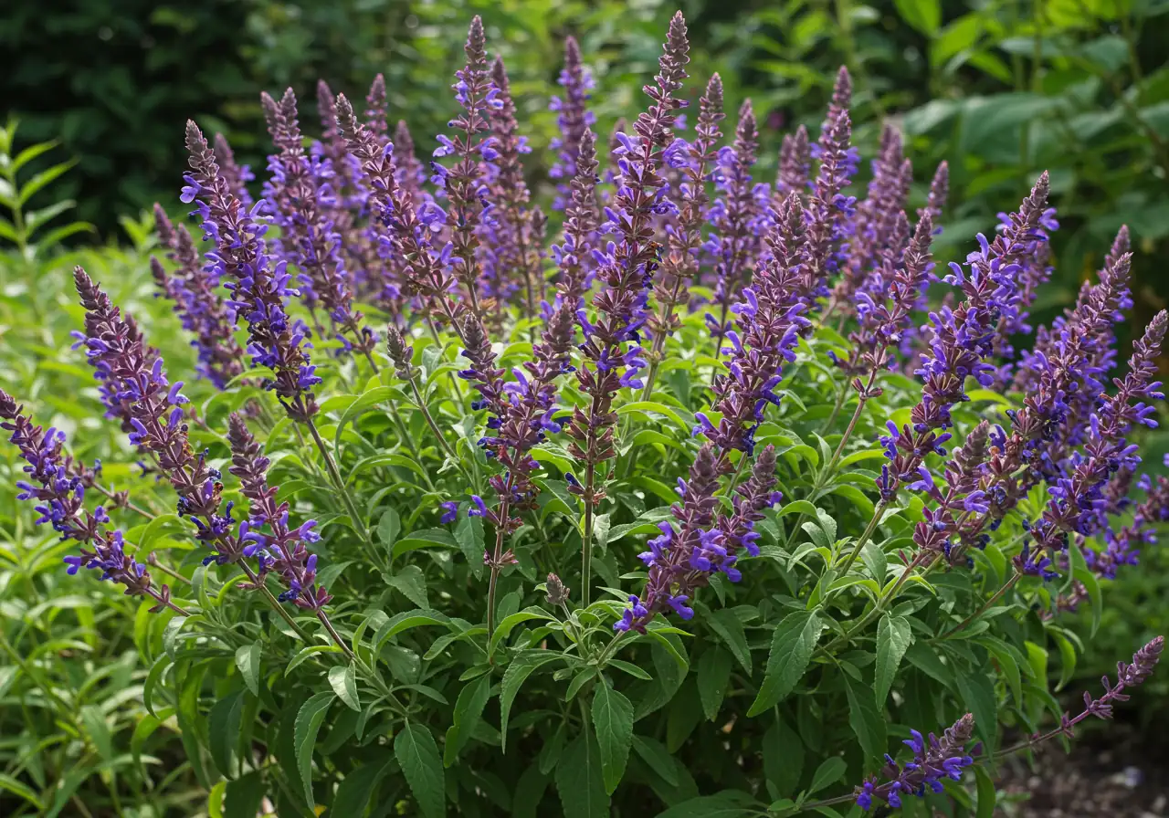 A vibrant photograph illustrating the positive result of deadheading. Show a healthy, bushy flowering plant (like Salvia or Coreopsis) filled with numerous fresh, colorful blooms, clearly demonstrating vigorous reblooming in a sunlit garden setting.
