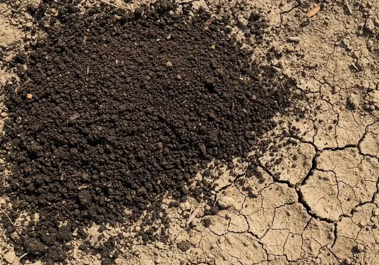 Close-up demonstrating soil amendment. The image should show rich, dark compost being spread over a section of visibly dry, possibly cracked, lighter-coloured garden soil, highlighting the contrast and the process of improving the soil structure.