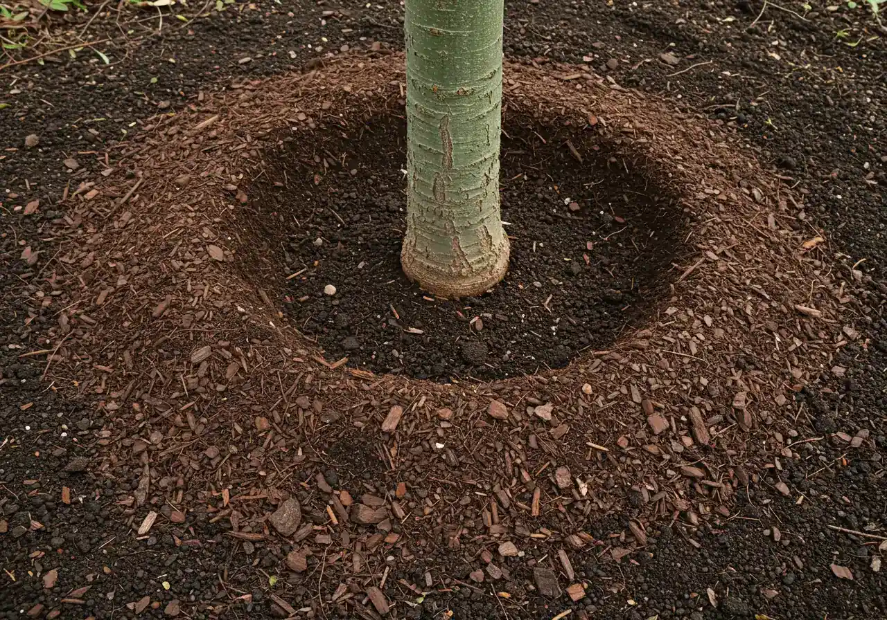 A clear, top-down perspective shot centered on the base of a newly planted young tree. A wide ring (approximately 2-3 feet diameter) of dark brown shredded bark mulch surrounds the tree, forming a distinct 'donut' shape. Crucially, a clear gap of several inches exists between the mulch ring and the base of the tree trunk, exposing the dark soil and the root flare area. The surrounding soil is visible and appears moist.