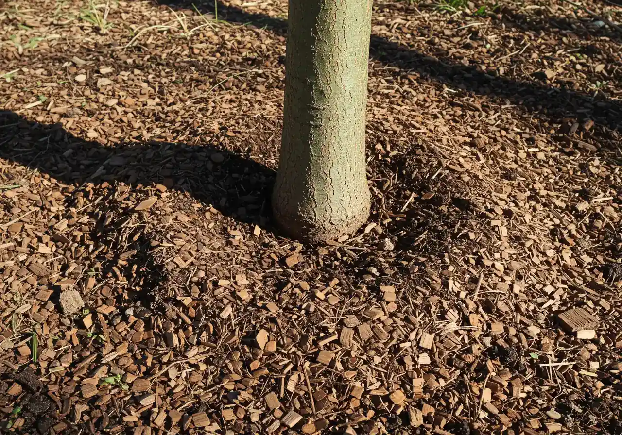 An illustrative image showing proper mulching technique around the base of a young tree, highlighting the 'donut' ring of mulch with space left around the trunk.