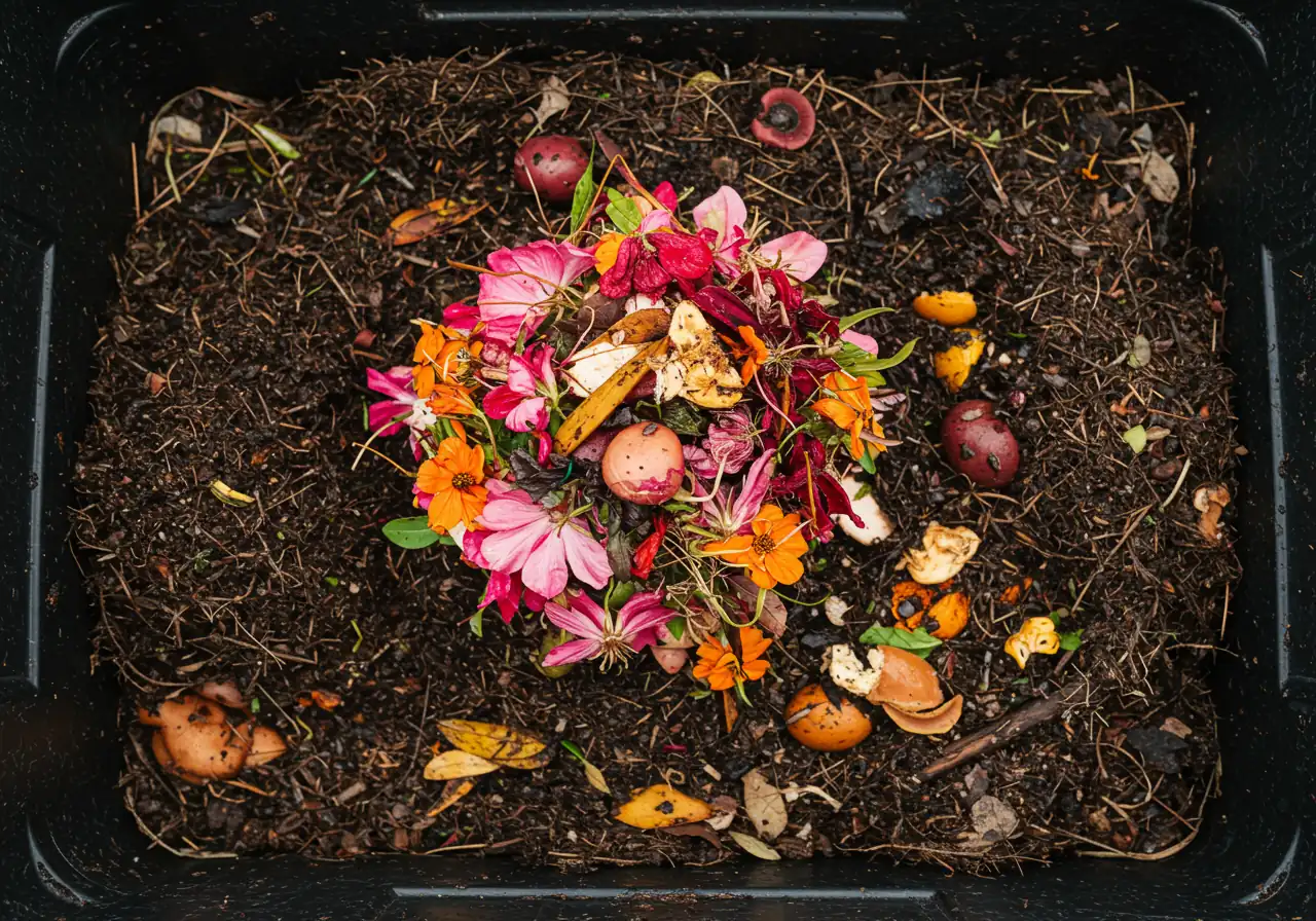An overhead view looking into a partially filled outdoor compost bin. A small collection of recently snipped, faded flower heads (such as petunias, geraniums, zinnias) are visible nestled amongst darker, decomposing organic matter like grass clippings and vegetable scraps. The image emphasizes recycling garden waste.