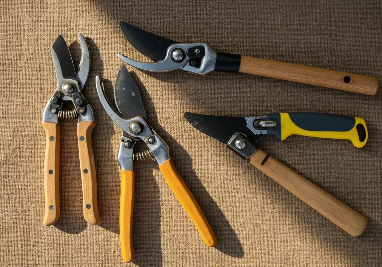 An aesthetically pleasing flat lay arrangement of essential, clean pruning tools: bypass hand pruners, long-handled loppers, and a small folding pruning saw, laid out on a natural surface like burlap or a weathered wooden garden table.