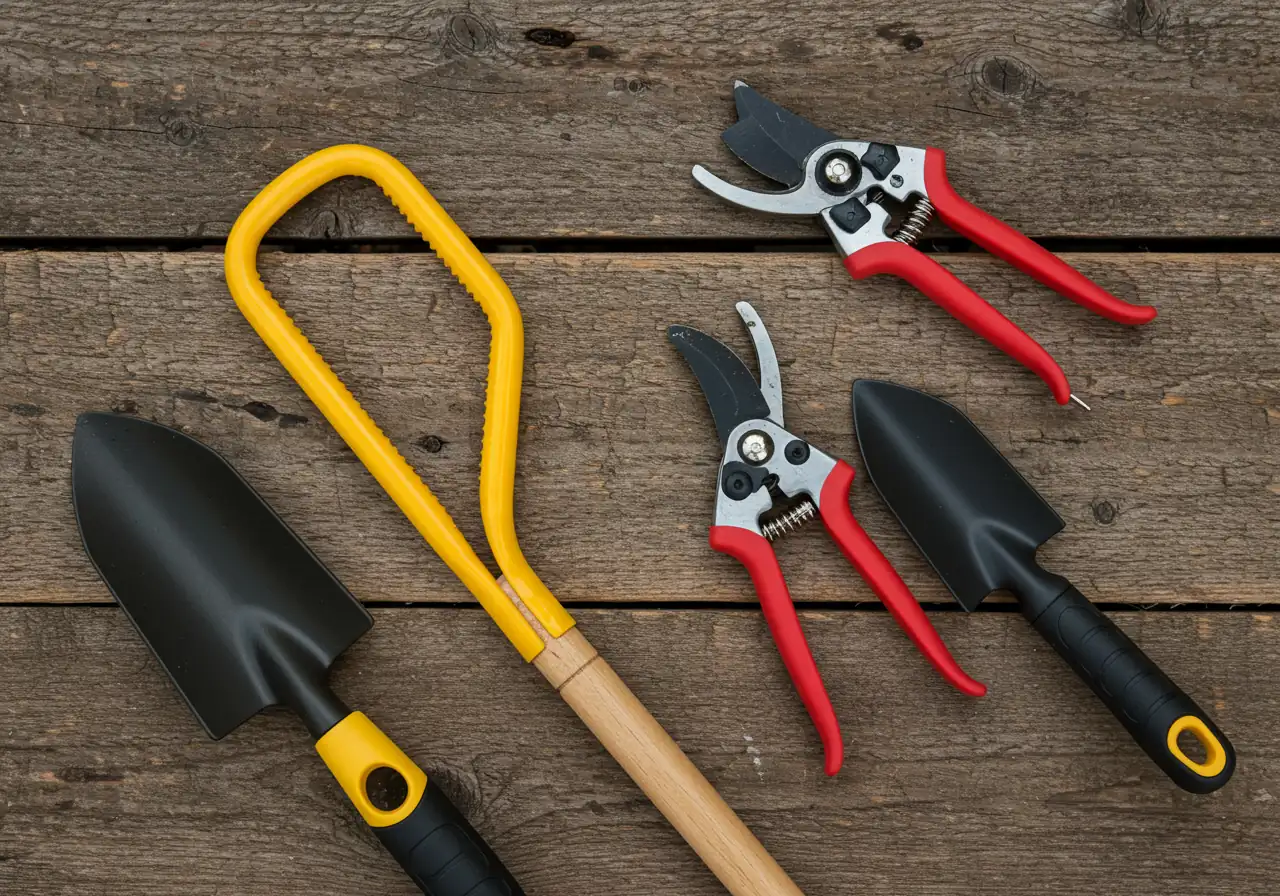 A clean, well-lit overhead or slightly angled photograph showcasing a selection of distinct ergonomic garden tools neatly arranged on a neutral surface like weathered wood or stone pavers. Tools should include examples like a long-handled shovel with a D-grip, hand pruners with padded/curved handles, and possibly a lightweight fork or trowel with an ergonomic grip. The focus is on the design features discussed (handles, grips, materials).