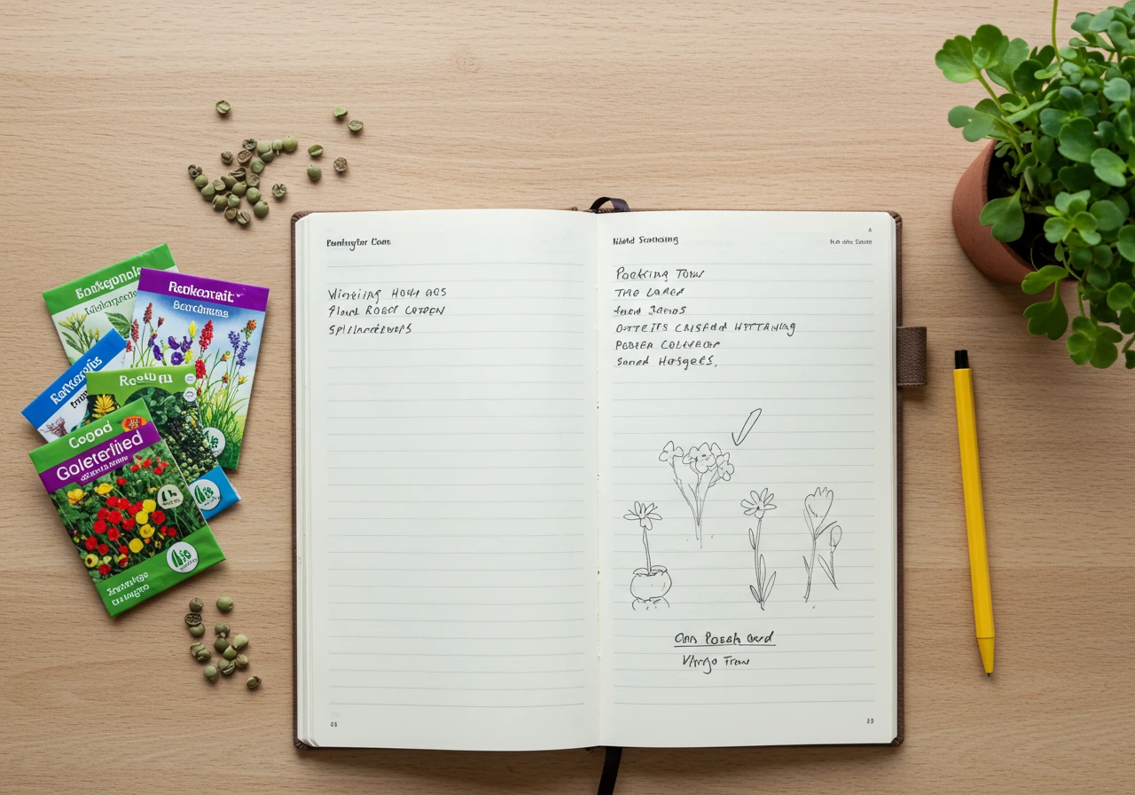 An overhead view depicting the garden planning process. Several colourful, generic seed packets (vegetable and flower, no brand names or text legible) are laid out neatly beside an open garden journal containing simple handwritten notes and perhaps a small plant sketch. The scene is set on a plain wooden surface.