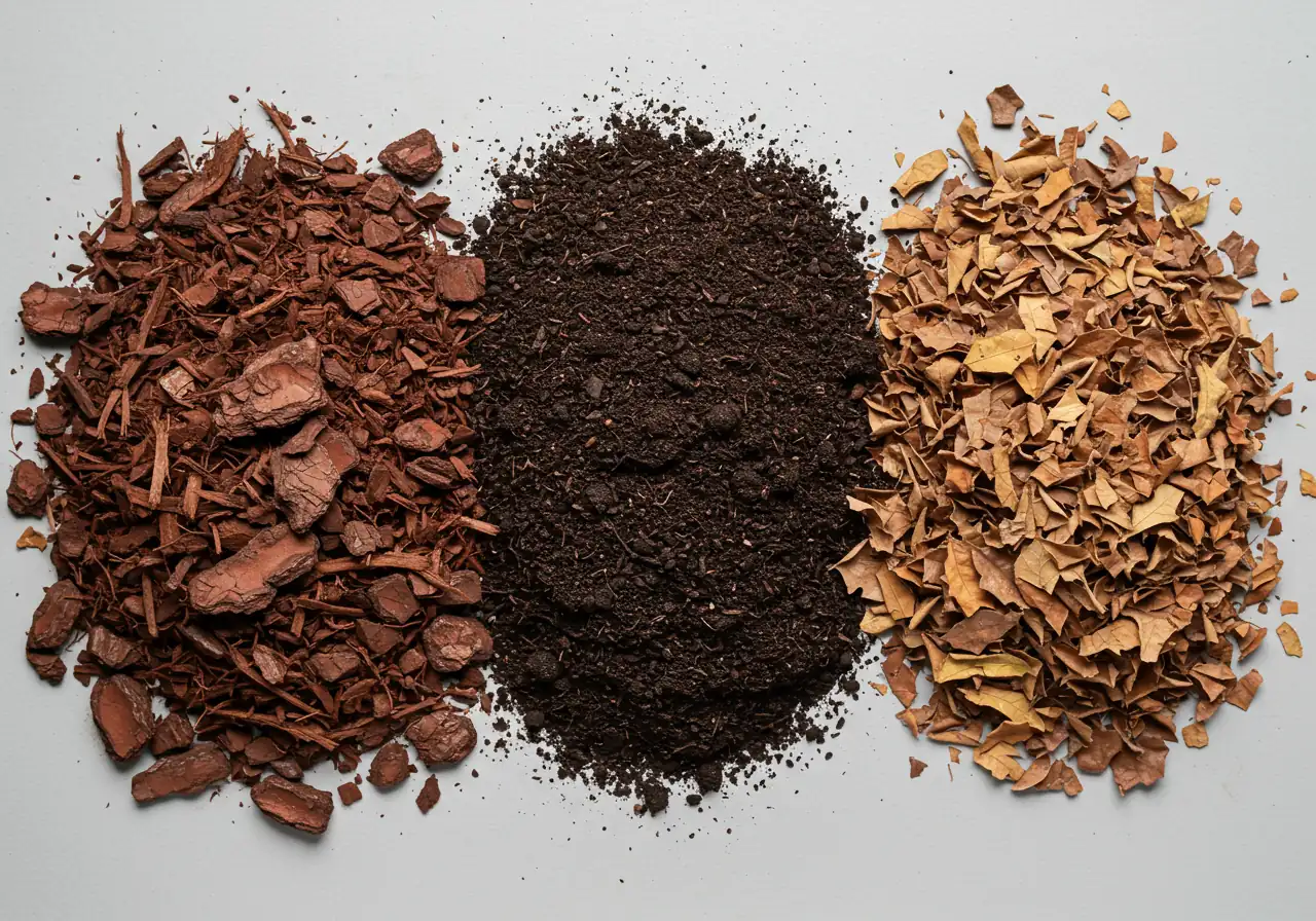 A visually clear, top-down comparison of three different types of common organic mulches suitable for clay soil. It shows distinct, neatly separated piles of dark brown shredded bark mulch, rich black compost, and lighter brown shredded leaves on a neutral surface.