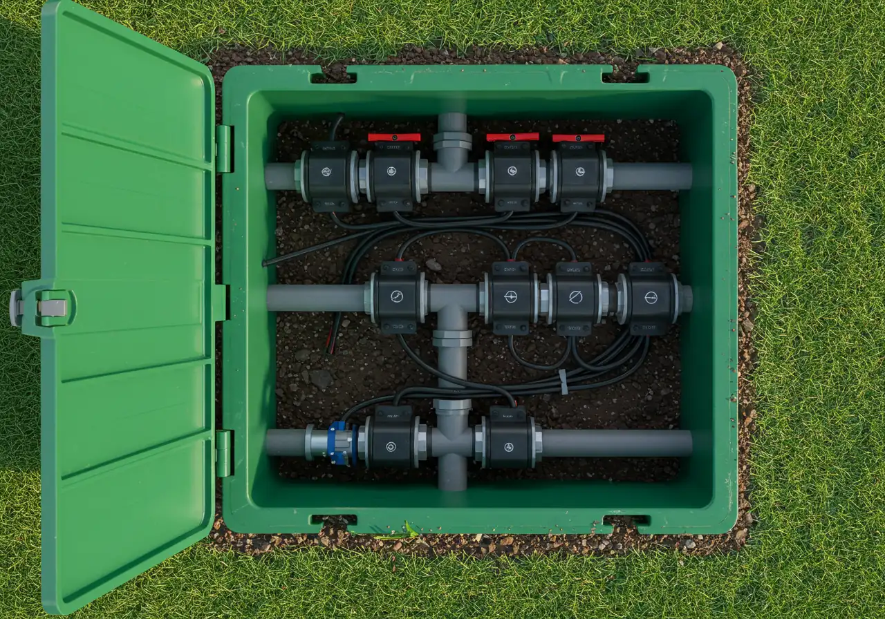 An overhead view looking directly down into an opened, standard green rectangular irrigation valve box that is set flush into a green lawn. Inside the box, several black plastic irrigation valves with attached solenoids (the electrical components) and associated wiring are clearly visible amongst the connecting pipes. Soil lines the inner edges of the box.