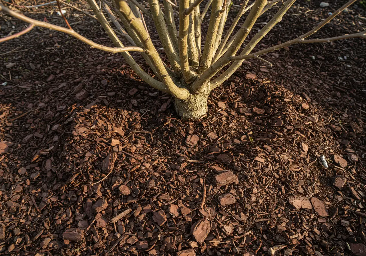 An image showcasing proper mulching technique around the base of a shrub or perennial. It should show a neat, 2-3 inch layer of dark shredded bark mulch applied evenly on the soil surface, carefully pulled back about an inch from the plant's main stem to prevent rot.