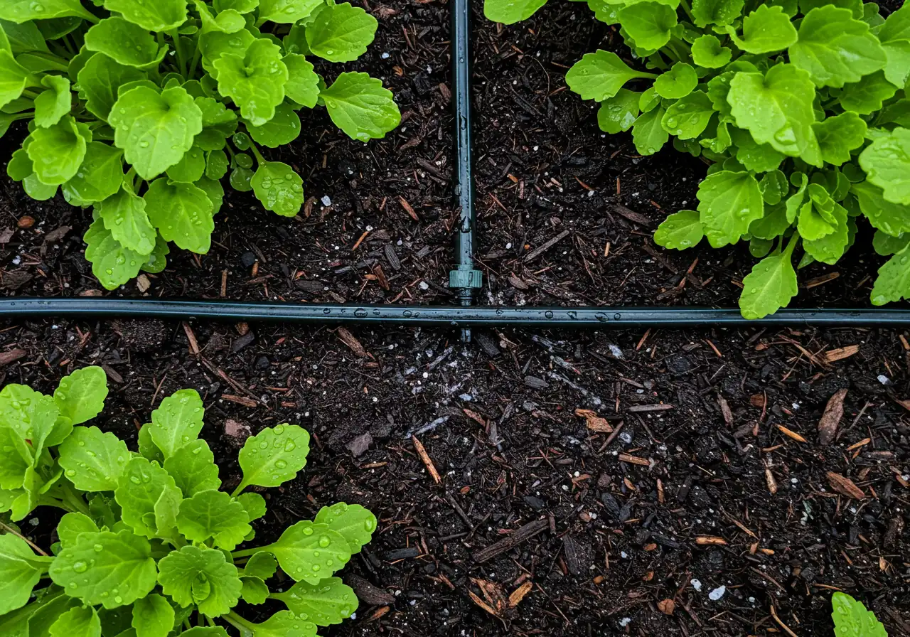 An illustrative image showcasing a smart watering technique in action. This could be a dark-colored soaker hose snaking through a garden bed, laid neatly near the base of several healthy-looking perennial plants. Small beads of water should be visibly seeping from the hose directly onto the soil surface, demonstrating targeted root-zone watering. The surrounding soil should look moist, contrasting with potentially drier surrounding areas, ideally captured in soft morning light.